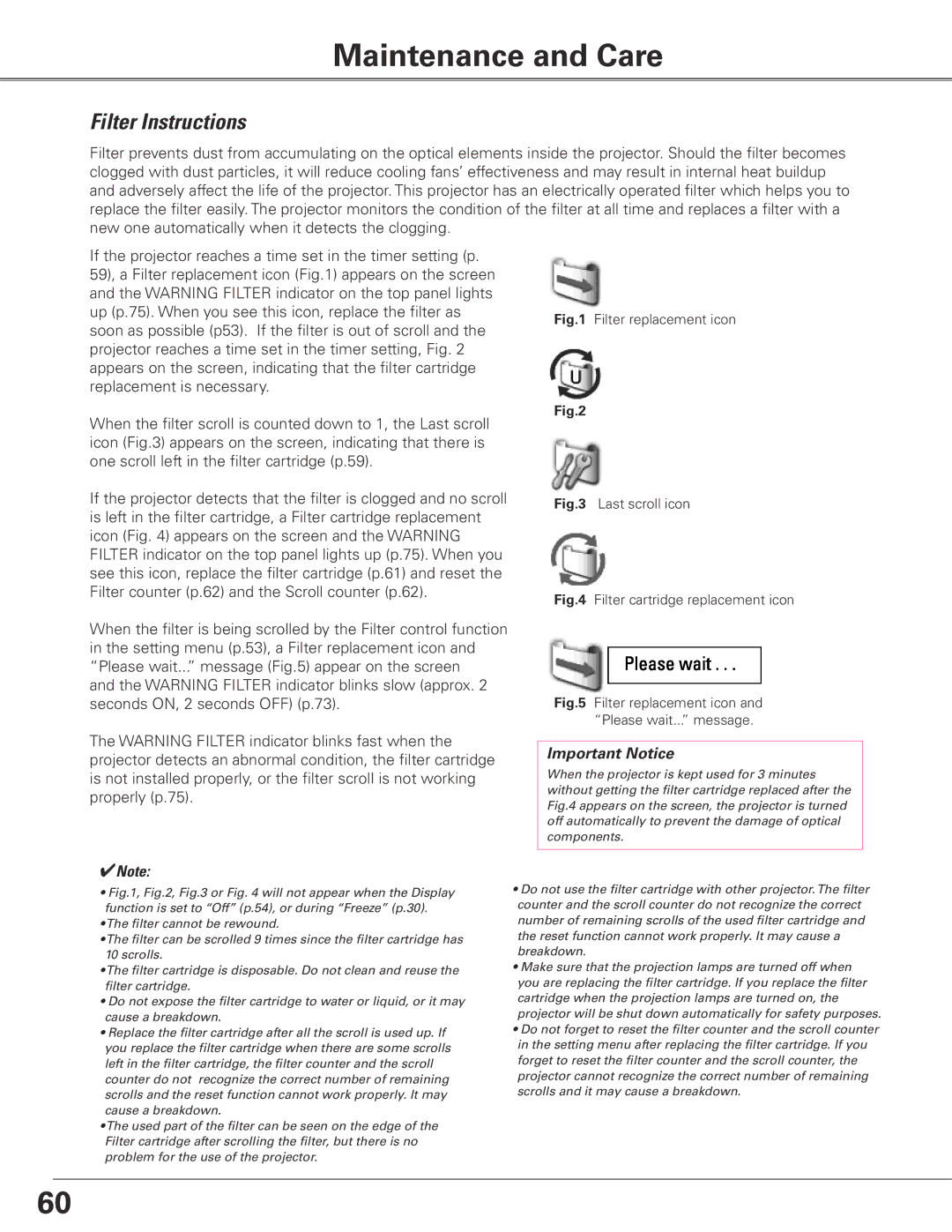 Eiki LC-XGC500 owner manual Maintenance and Care, Filter Instructions 