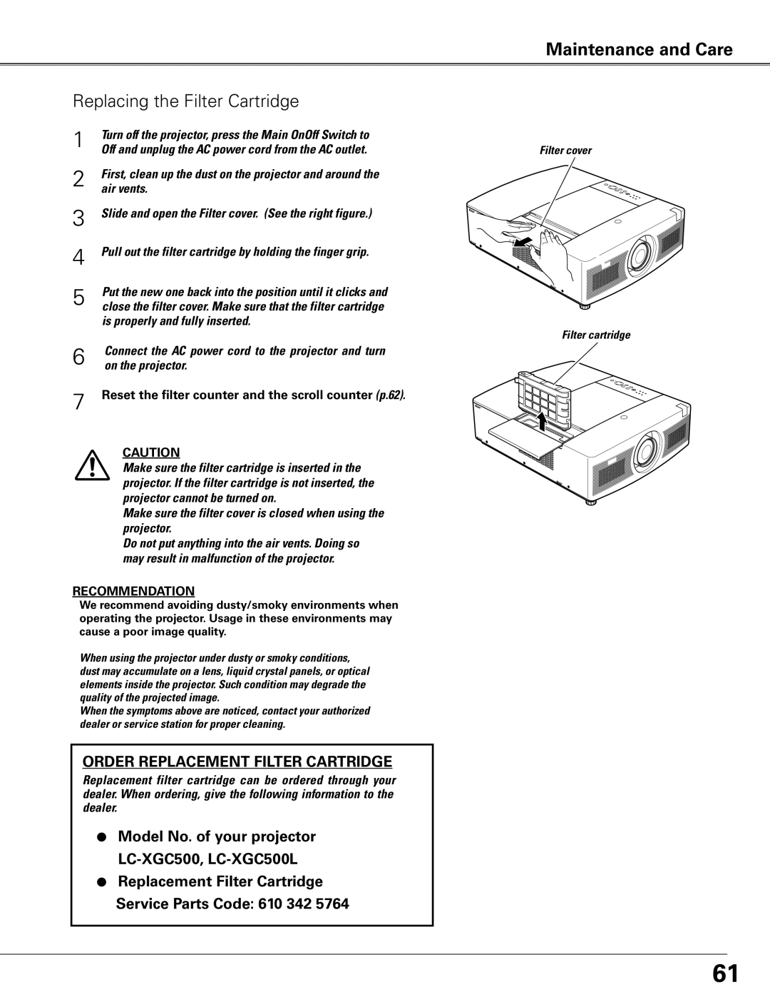 Eiki owner manual Replacing the Filter Cartridge, Model No.. of your projector LC-XGC500, LC-XGC500L 