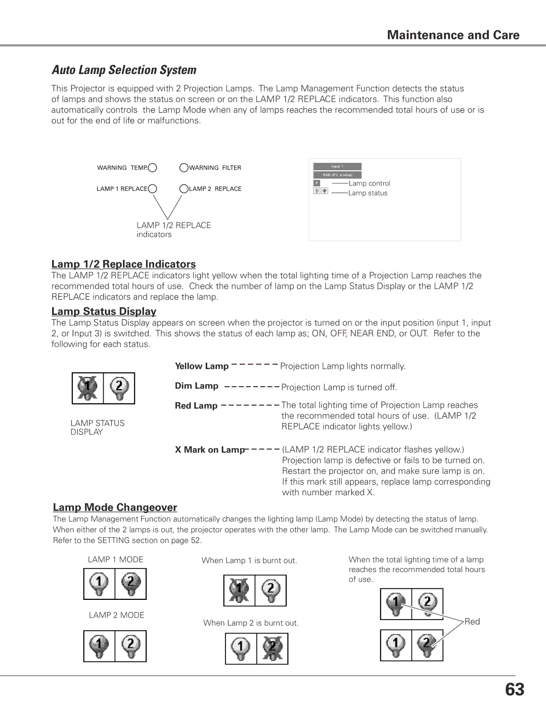 Eiki LC-XGC500 Auto Lamp Selection System, Lamp 1/2 Replace Indicators, Lamp Status Display, Lamp Mode Changeover 