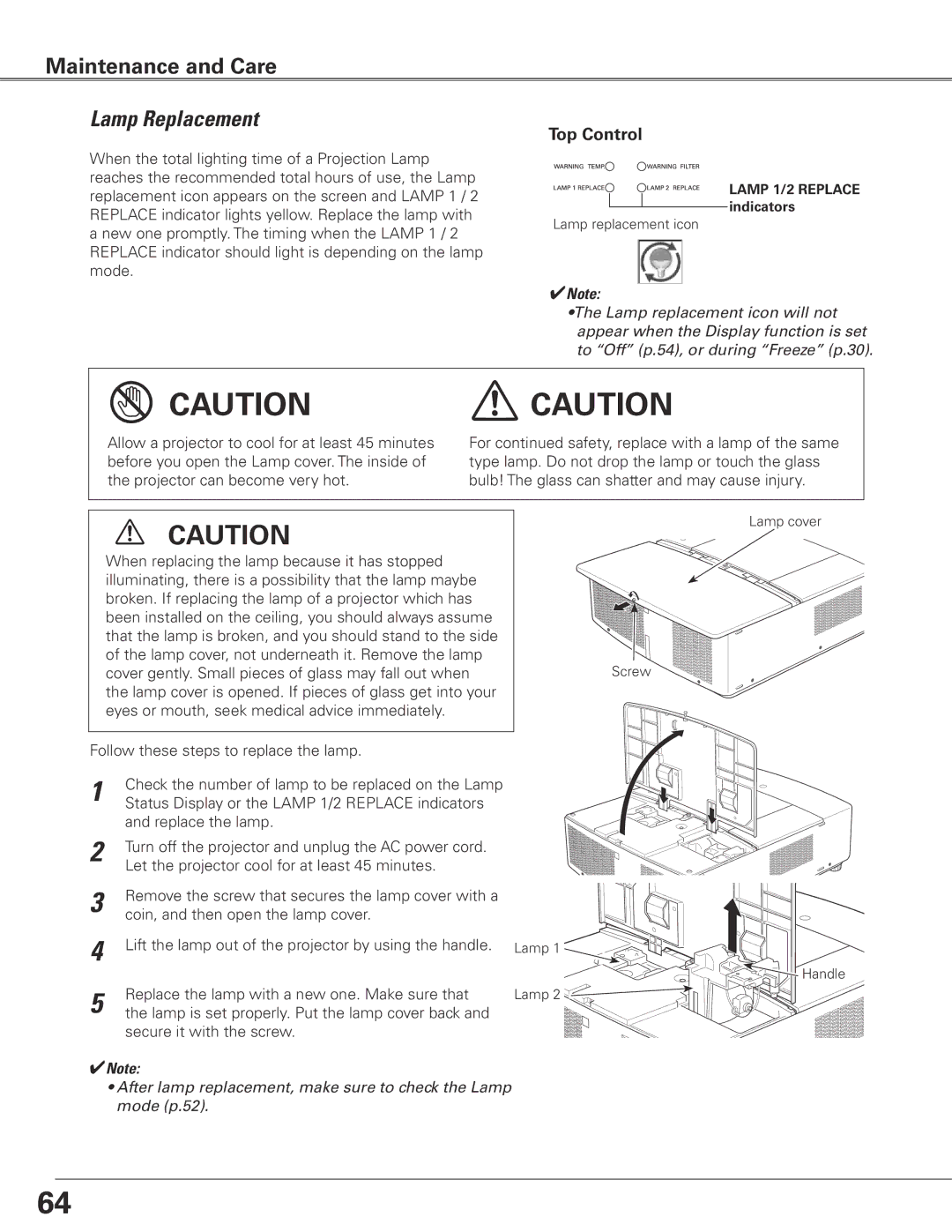 Eiki LC-XGC500 owner manual Lamp Replacement, Top Control 