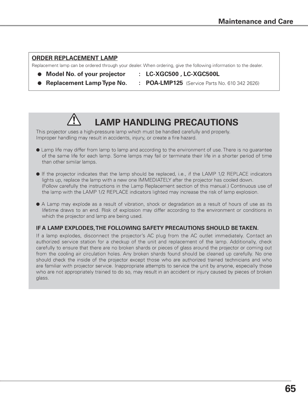 Eiki LC-XGC500 owner manual Order Replacement Lamp, POA-LMP125 Service Parts No 342 