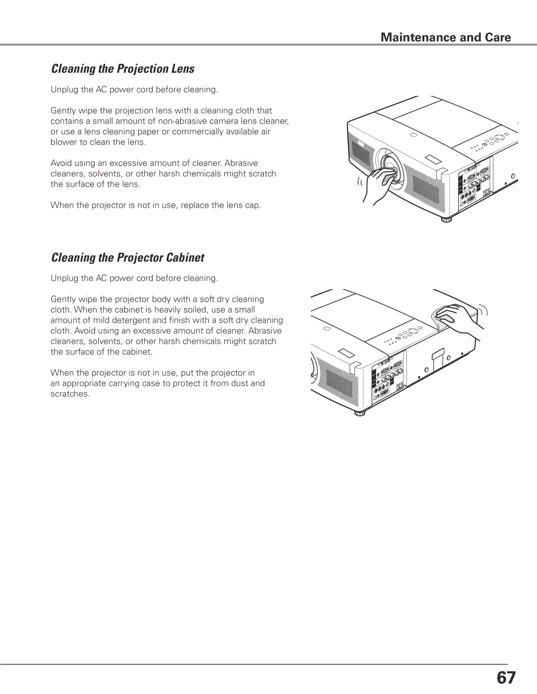 Eiki LC-XGC500 owner manual Cleaning the Projection Lens, Cleaning the Projector Cabinet 