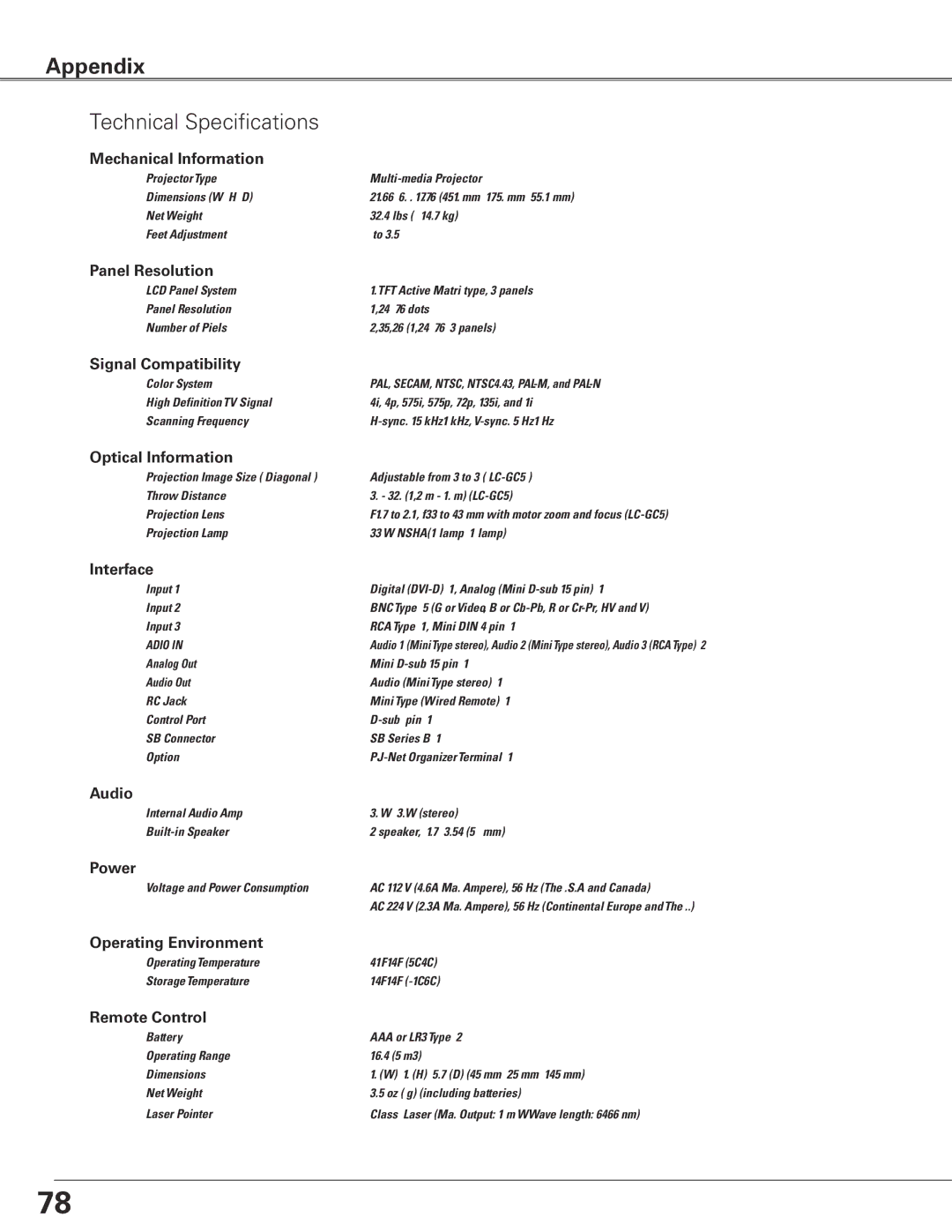 Eiki LC-XGC500 owner manual Technical Specifications 