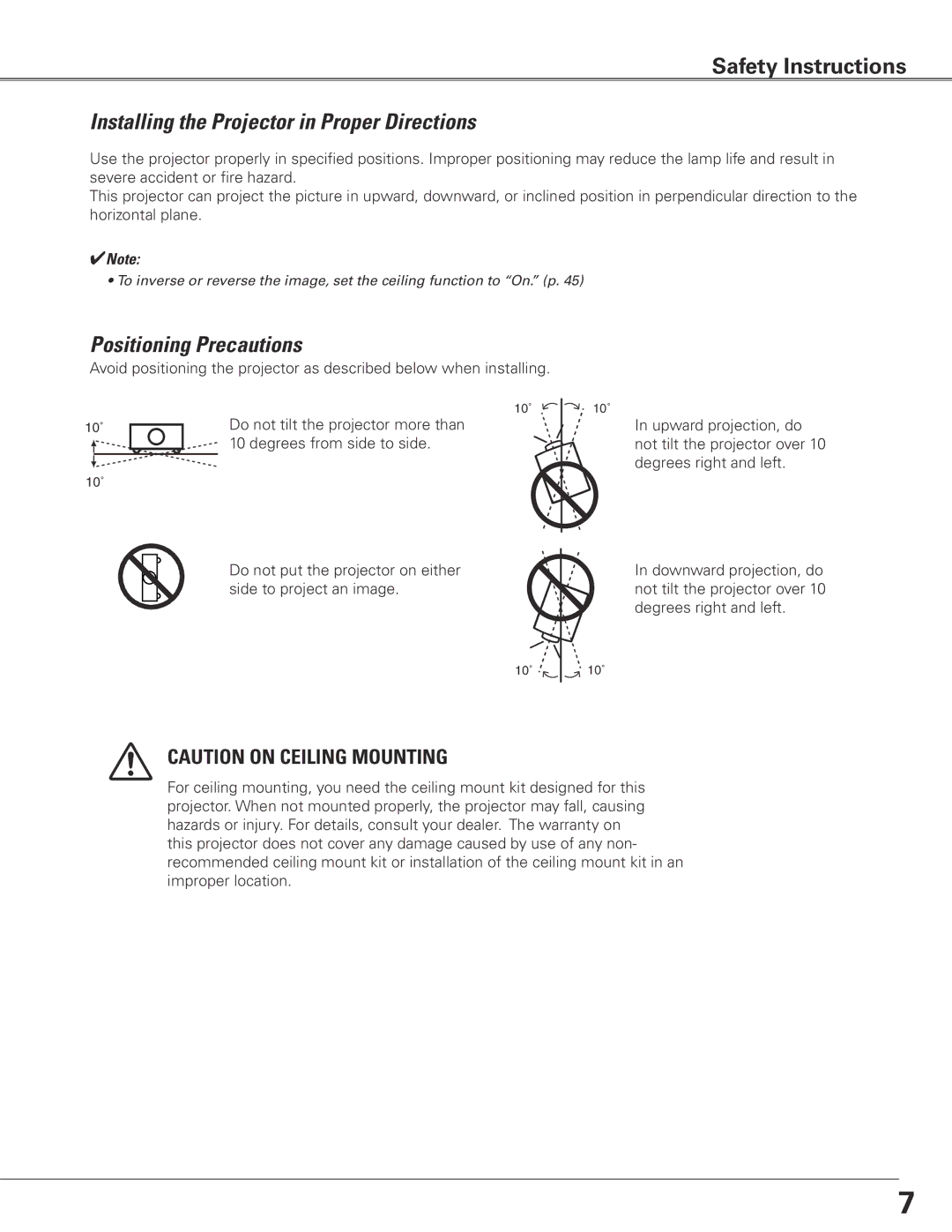 Eiki LC-XGC500 owner manual Installing the Projector in Proper Directions, Positioning Precautions 