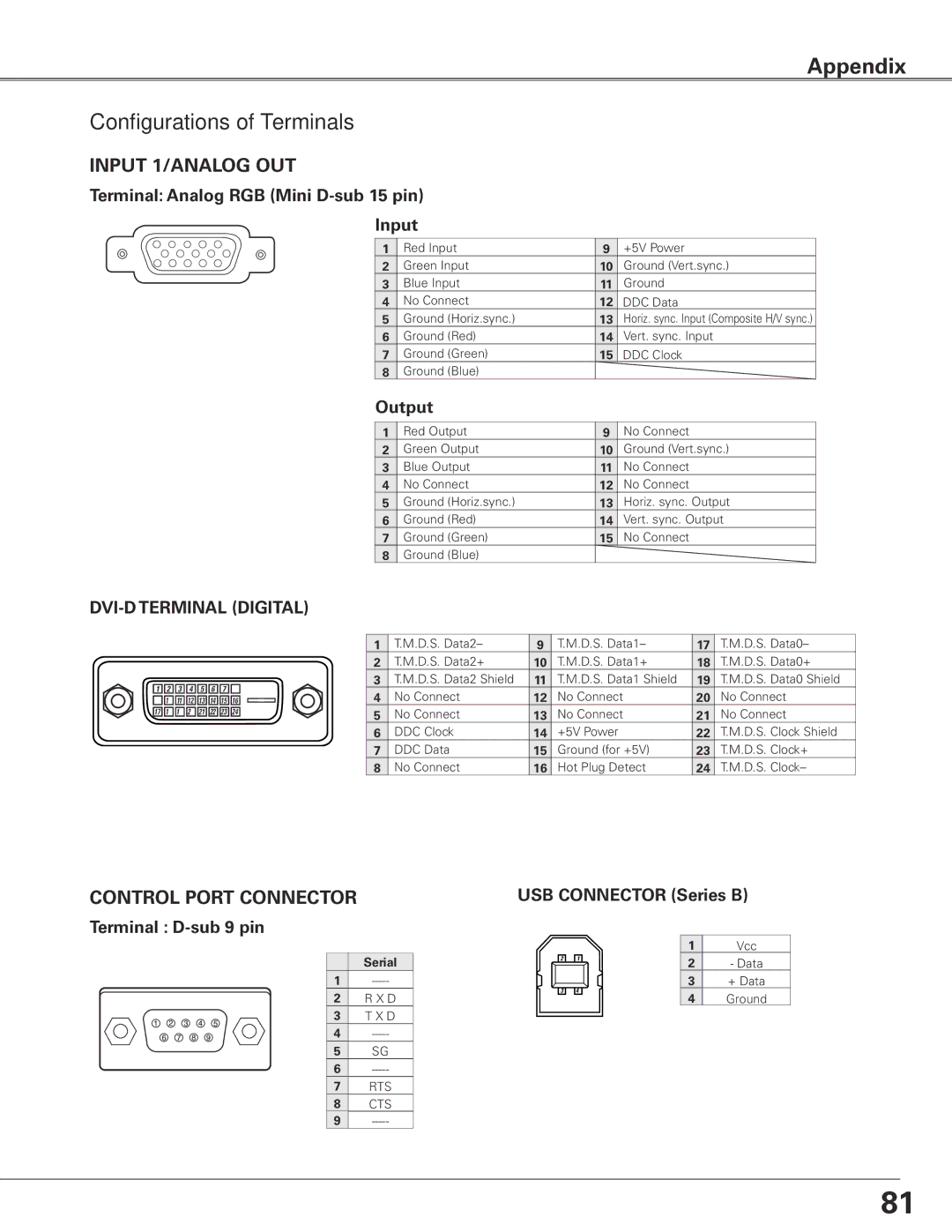 Eiki LC-XGC500 Configurations of Terminals, Terminal Analog RGB Mini D-sub 15 pin Input, Output, Terminal D-sub 9 pin 