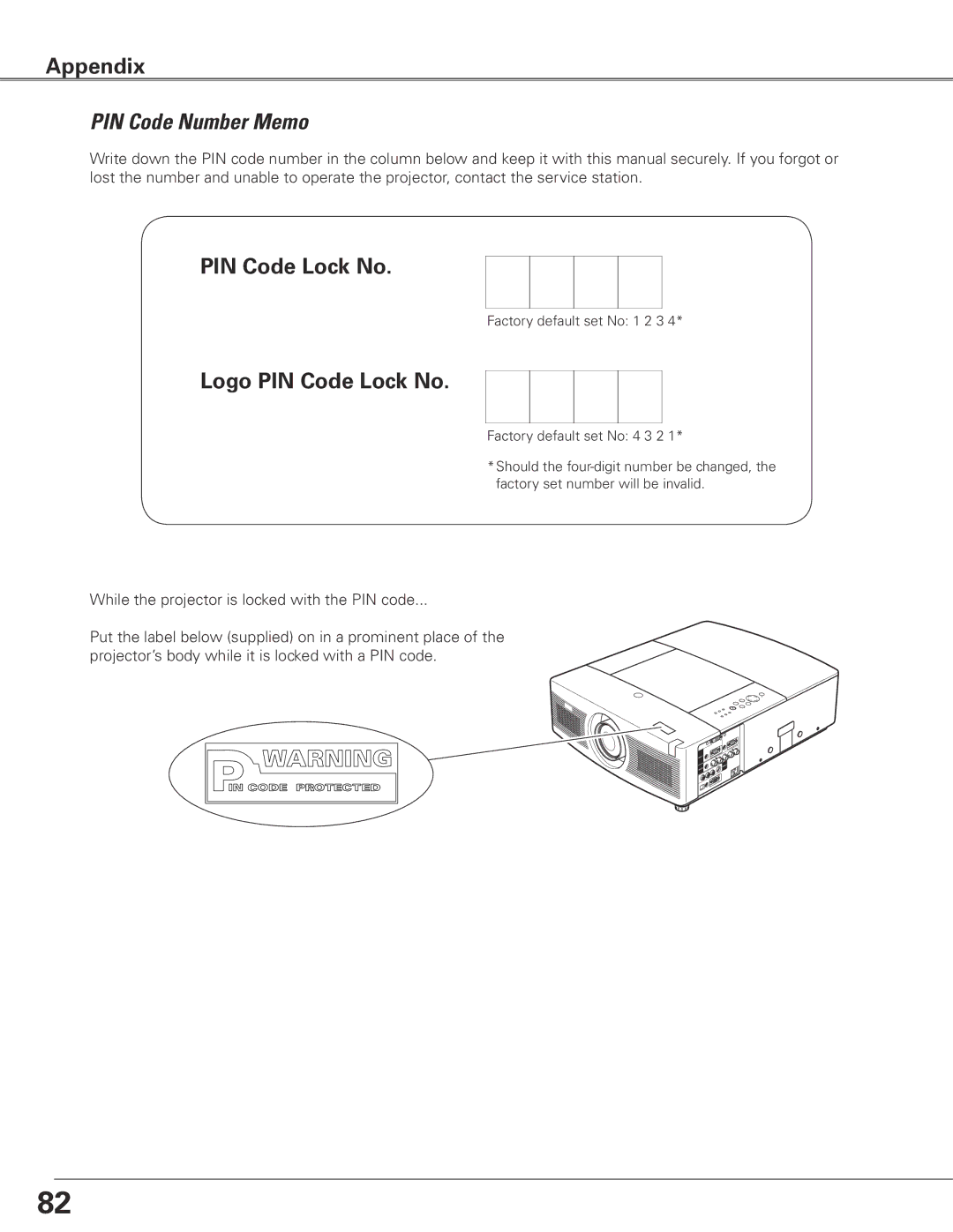 Eiki LC-XGC500 owner manual PIN Code Number Memo, Logo PIN Code Lock No 