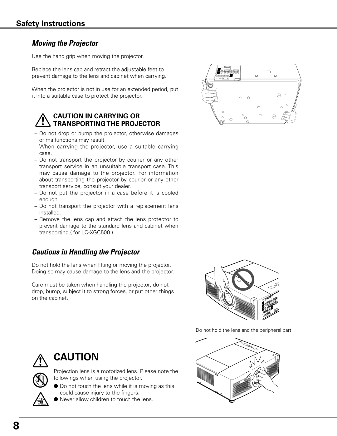 Eiki LC-XGC500 owner manual Moving the Projector, Transporting the Projector 