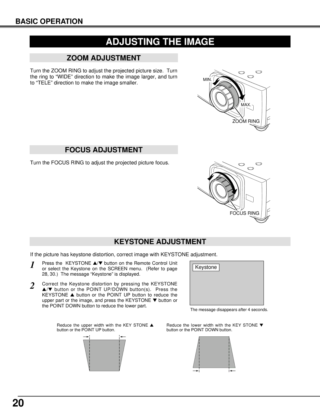 Eiki LC-XM1 owner manual Adjusting the Image, Zoom Adjustment, Focus Adjustment, Keystone Adjustment, Zoom Ring 