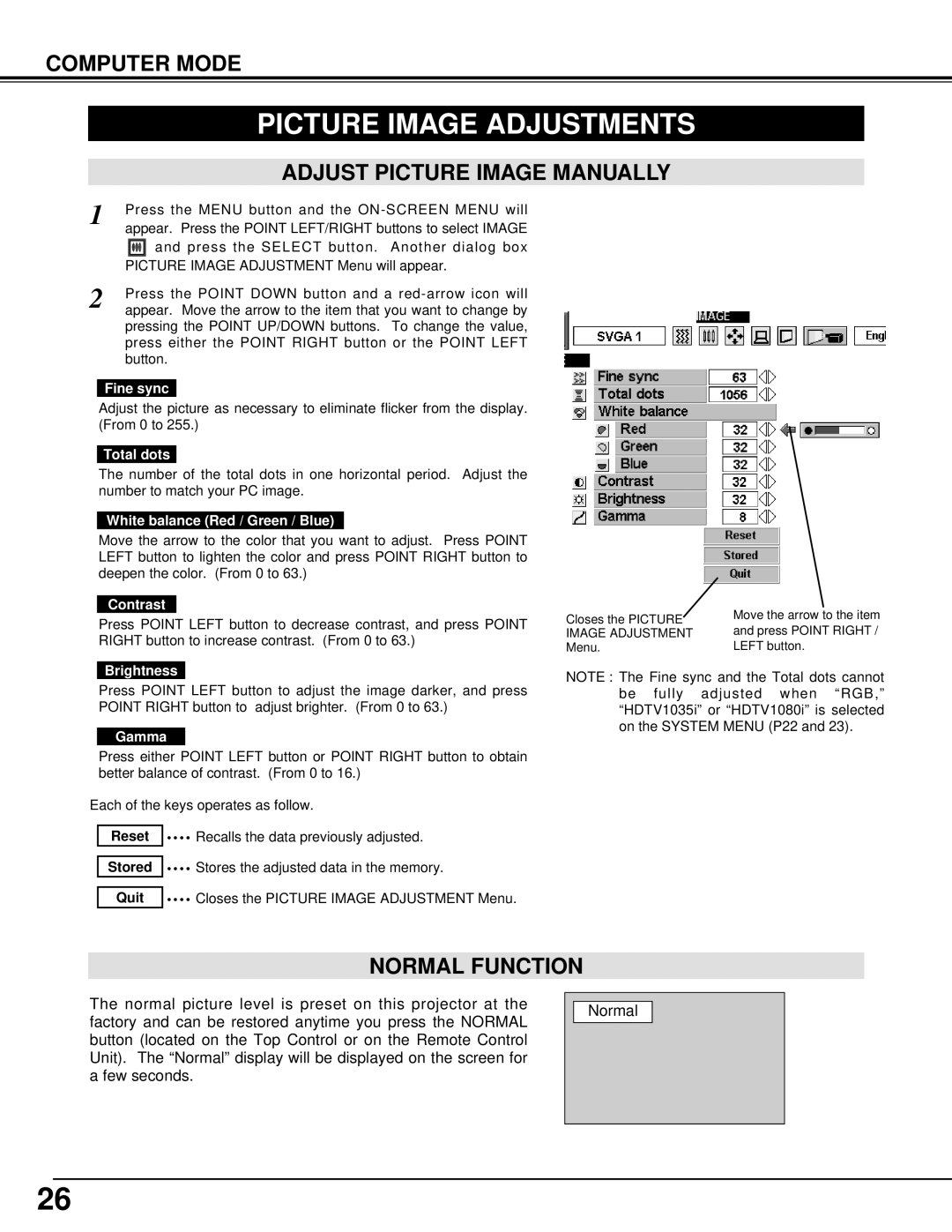 Eiki LC-XM1 owner manual Picture Image Adjustments, Normal Function 