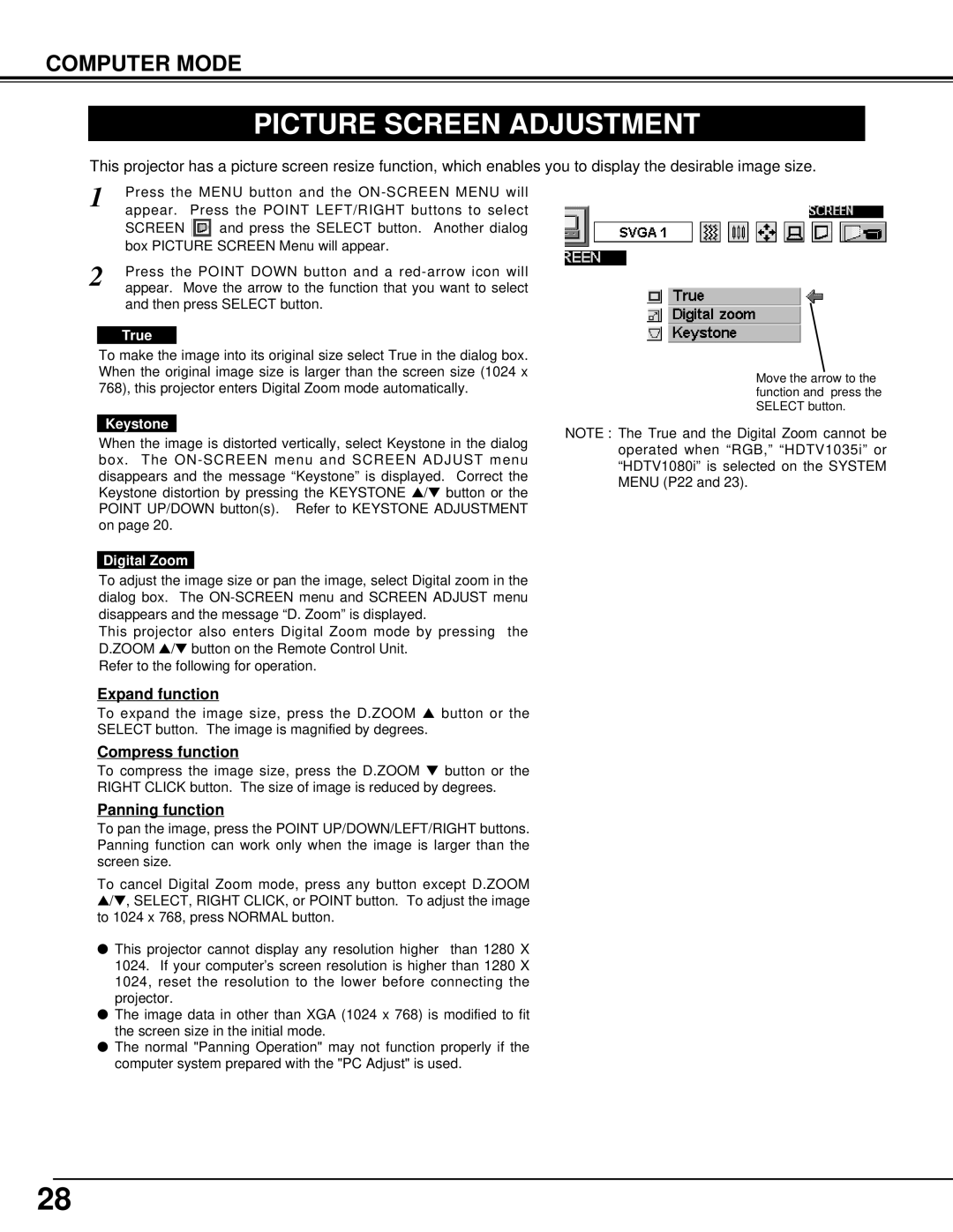 Eiki LC-XM1 owner manual Picture Screen Adjustment, Expand function, Compress function, Panning function 