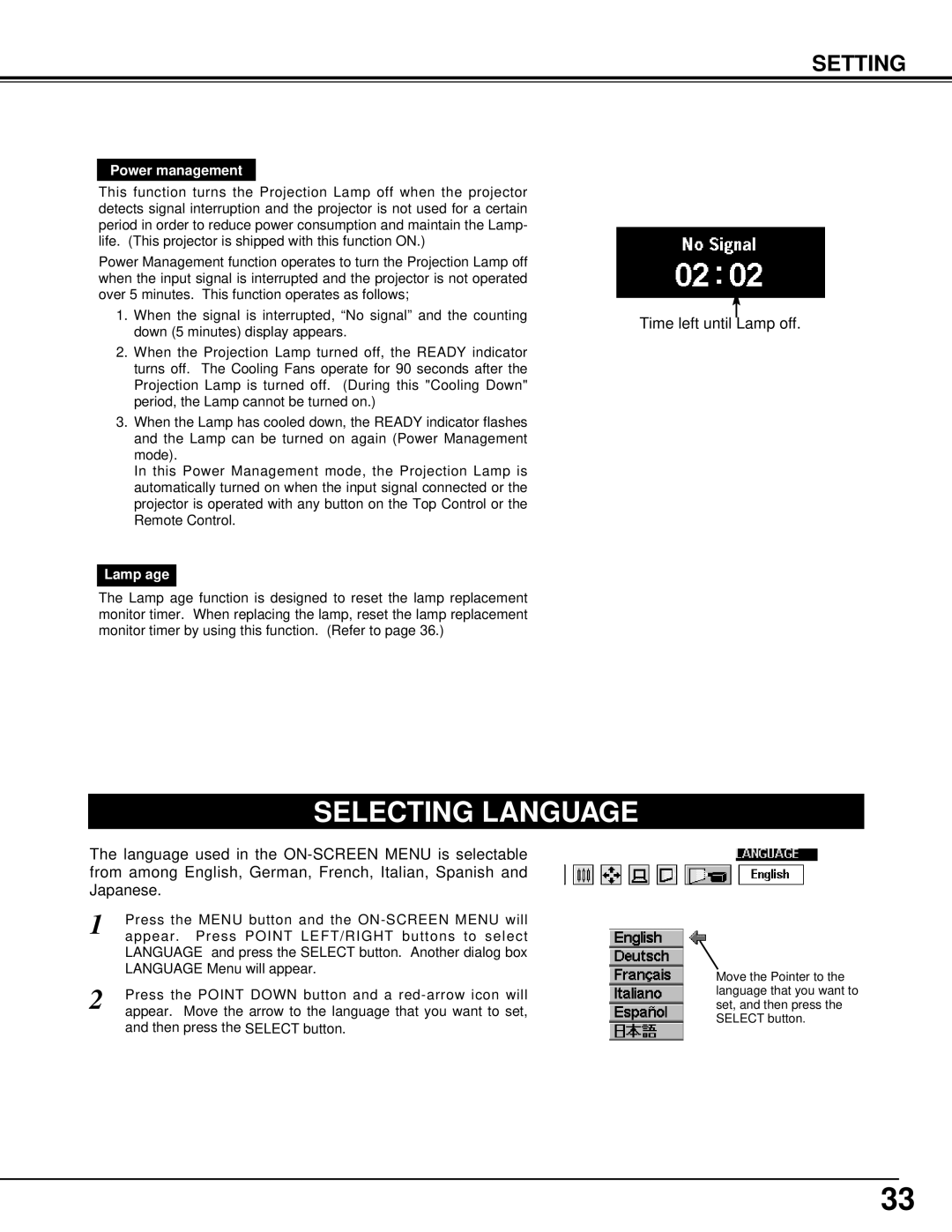 Eiki LC-XM1 owner manual Selecting Language, Power management, Lamp age 