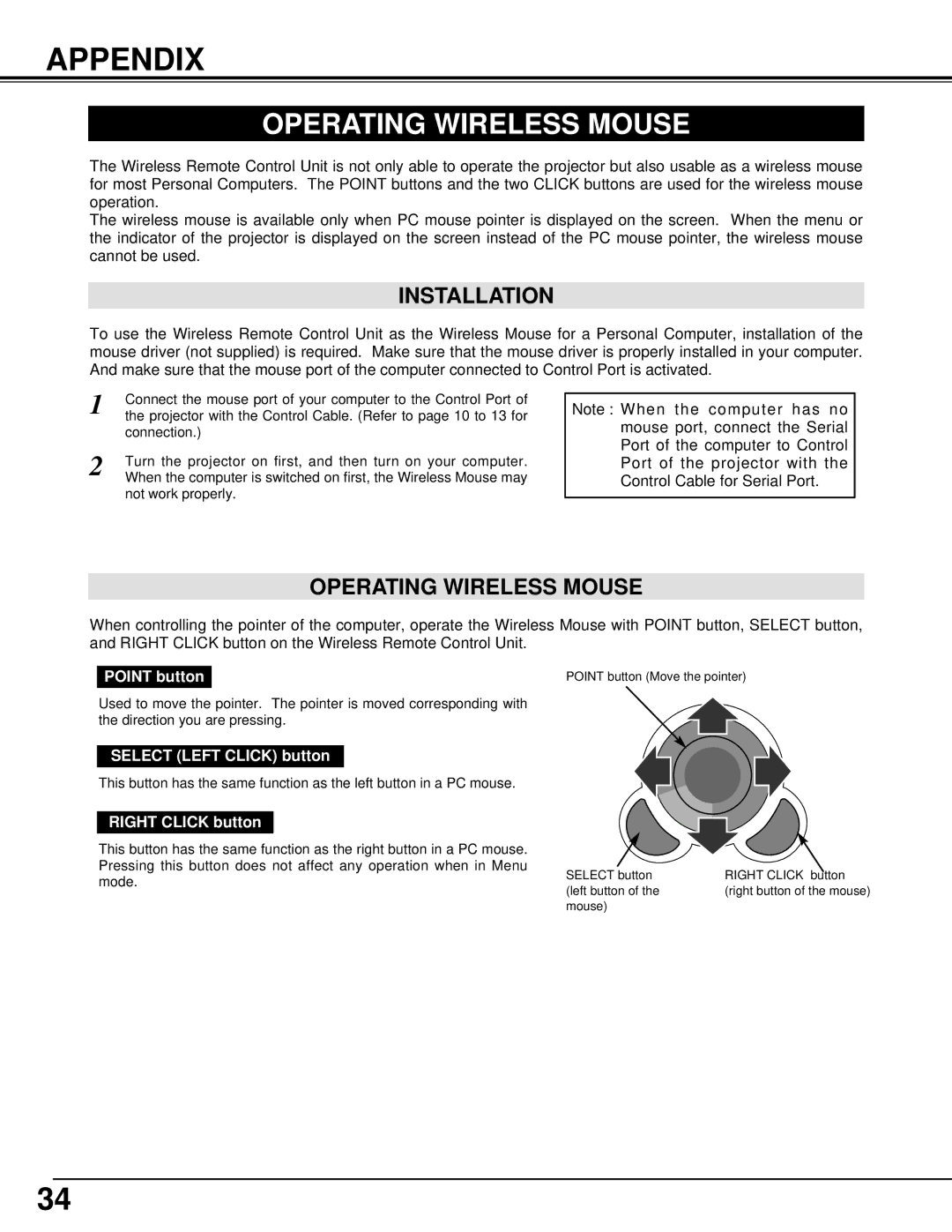 Eiki LC-XM1 owner manual Appendix, Operating Wireless Mouse, Installation 