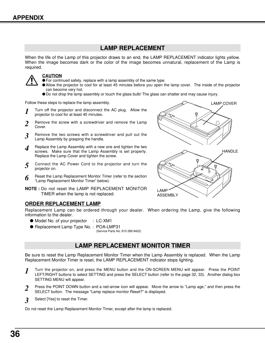 Eiki LC-XM1 owner manual Appendix Lamp Replacement, Lamp Replacement Monitor Timer, Lamp Assembly Lamp Cover Handle 