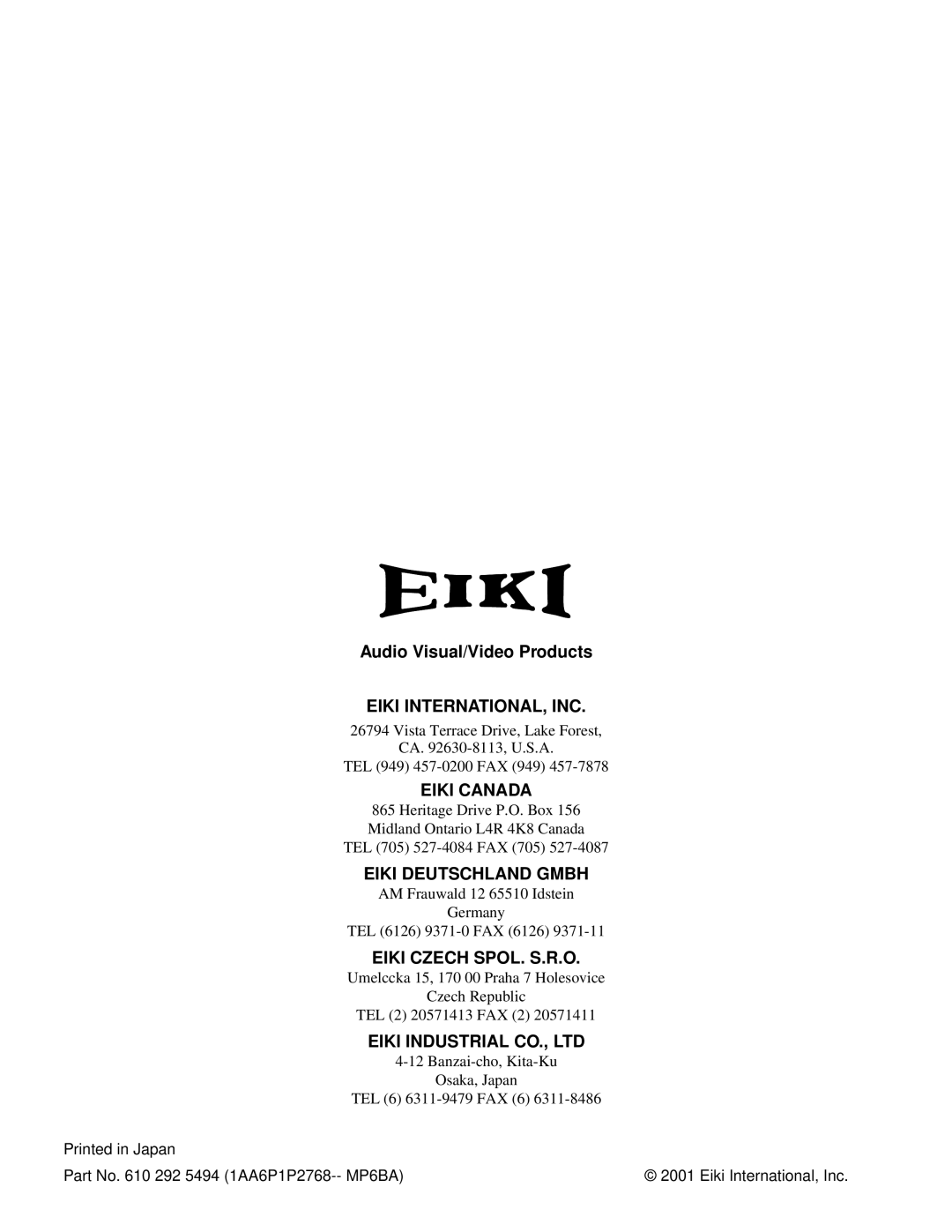 Eiki LC-XM1 owner manual Eiki INTERNATIONAL, INC 