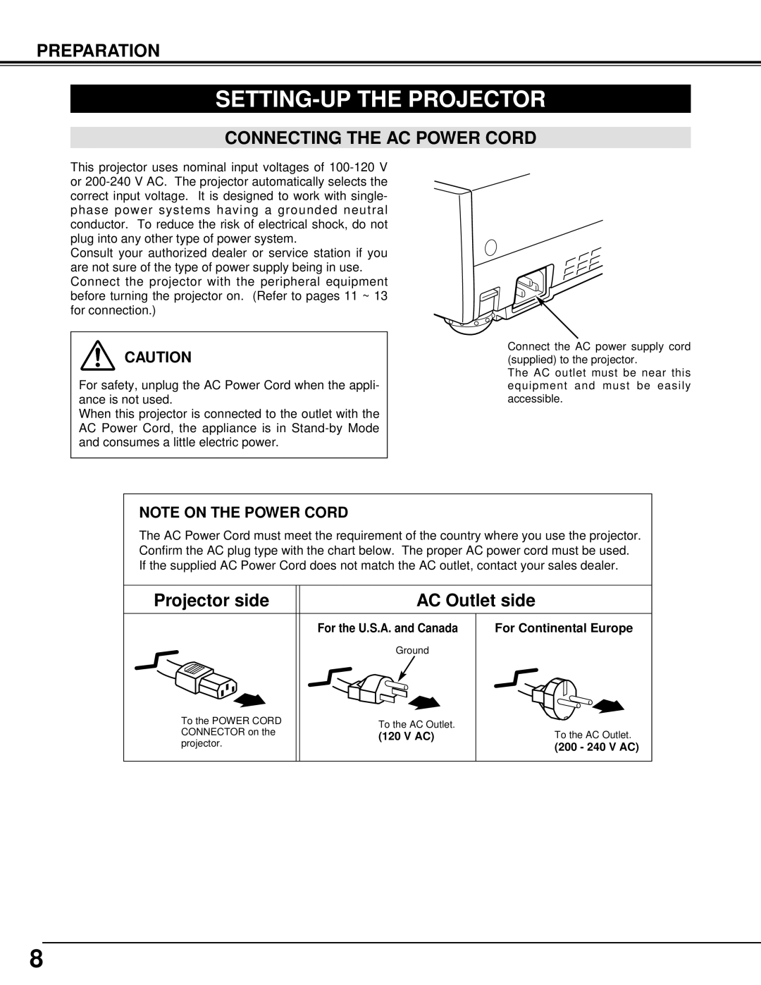 Eiki LC-XM1 owner manual SETTING-UP the Projector, Connecting the AC Power Cord, For Continental Europe 