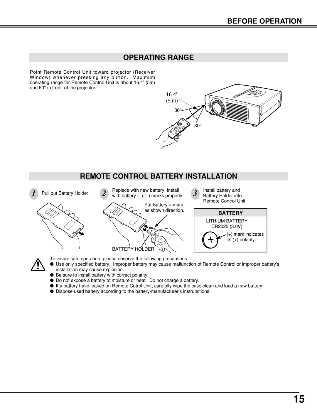 Eiki LC-XM2 owner manual Before Operation Operating Range, Remote Control Battery Installation 