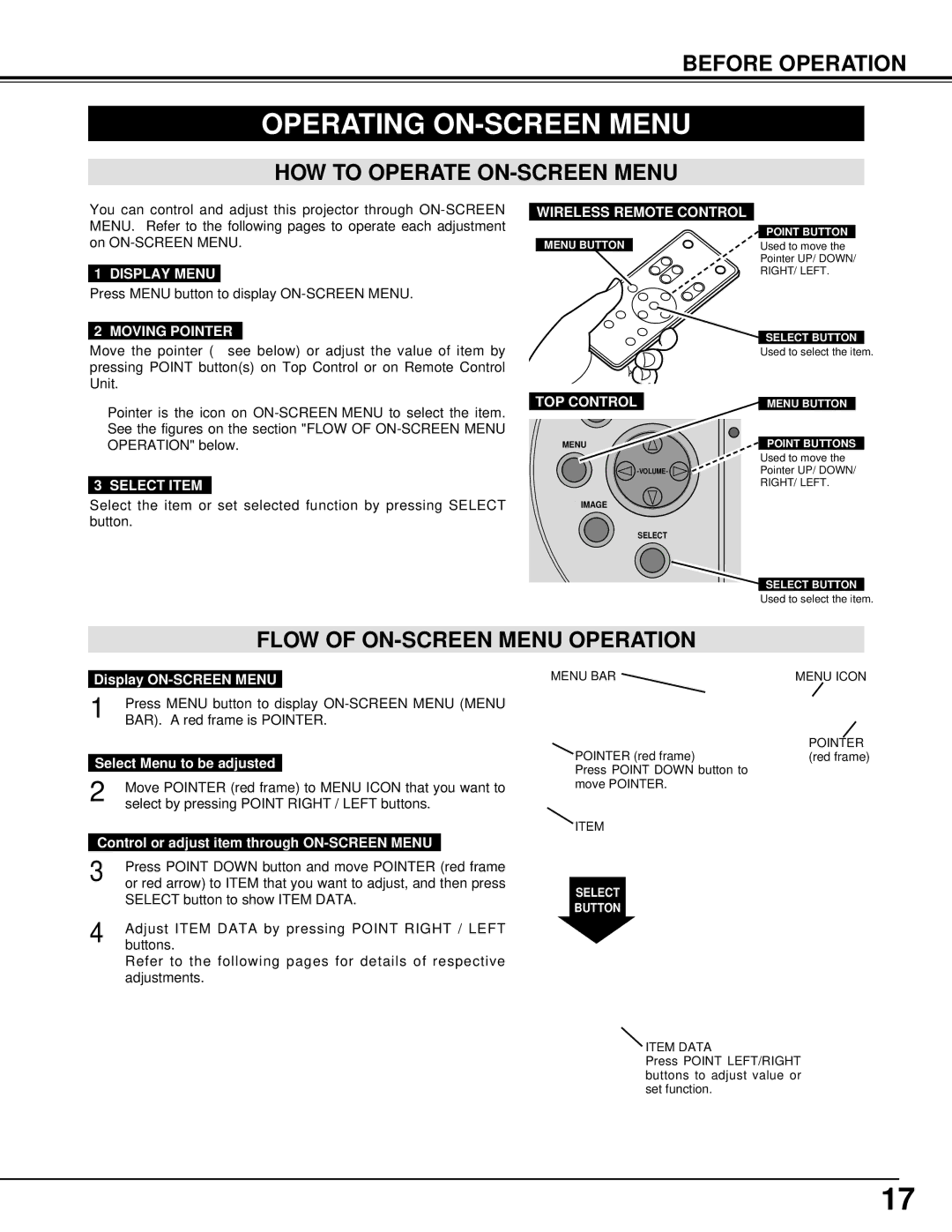 Eiki LC-XM2 owner manual Operating ON-SCREEN Menu, HOW to Operate ON-SCREEN Menu, Flow of ON-SCREEN Menu Operation 