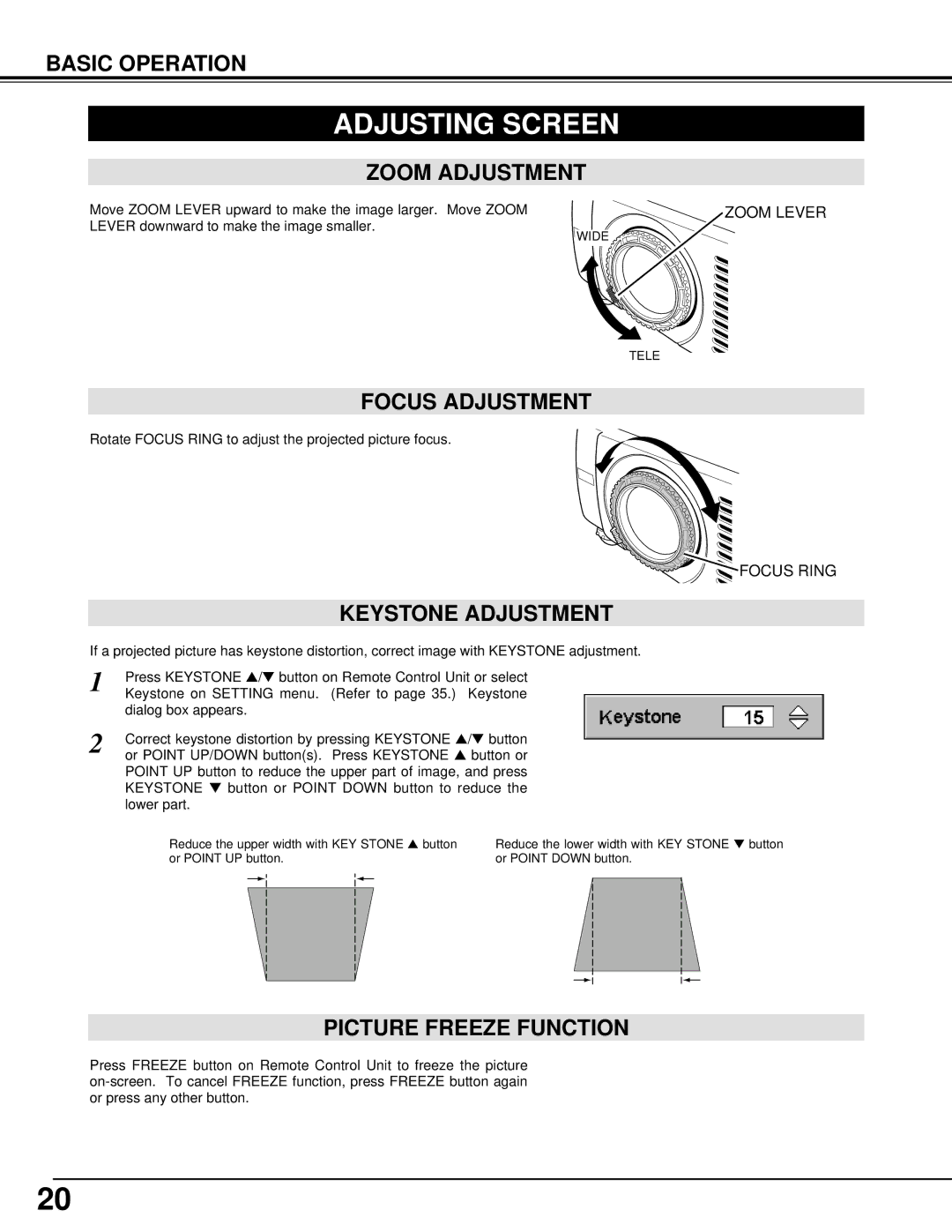 Eiki LC-XM2 owner manual Adjusting Screen, Zoom Adjustment, Focus Adjustment, Keystone Adjustment, Picture Freeze Function 