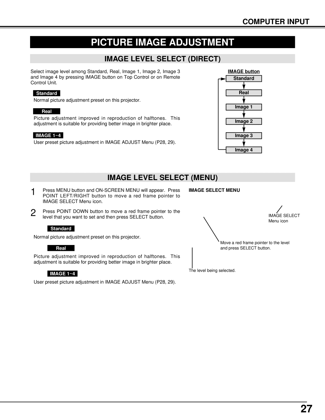 Eiki LC-XM2 owner manual Picture Image Adjustment, Image Level Select Direct, Image Level Select Menu, Image Select Menu 