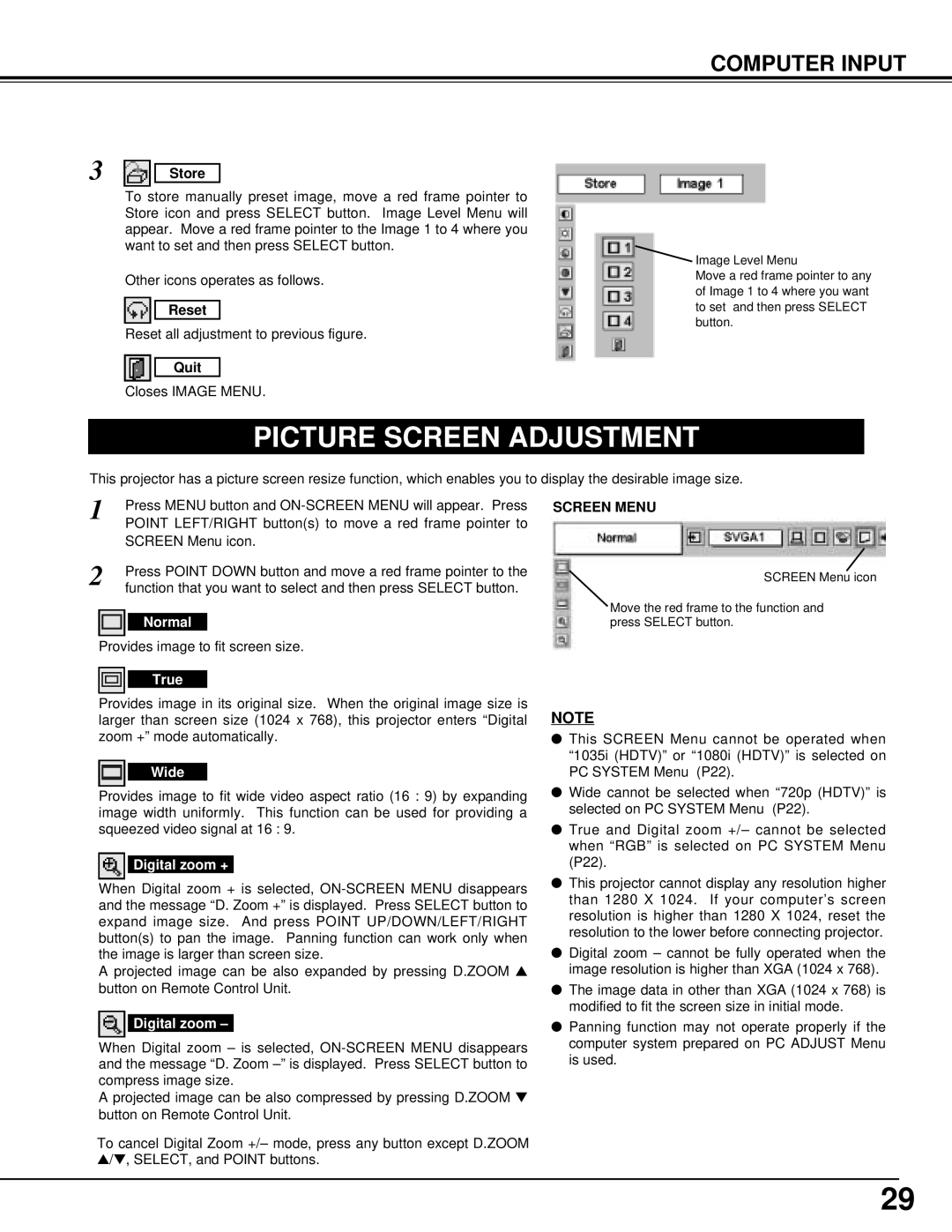 Eiki LC-XM2 owner manual Picture Screen Adjustment, Screen Menu 