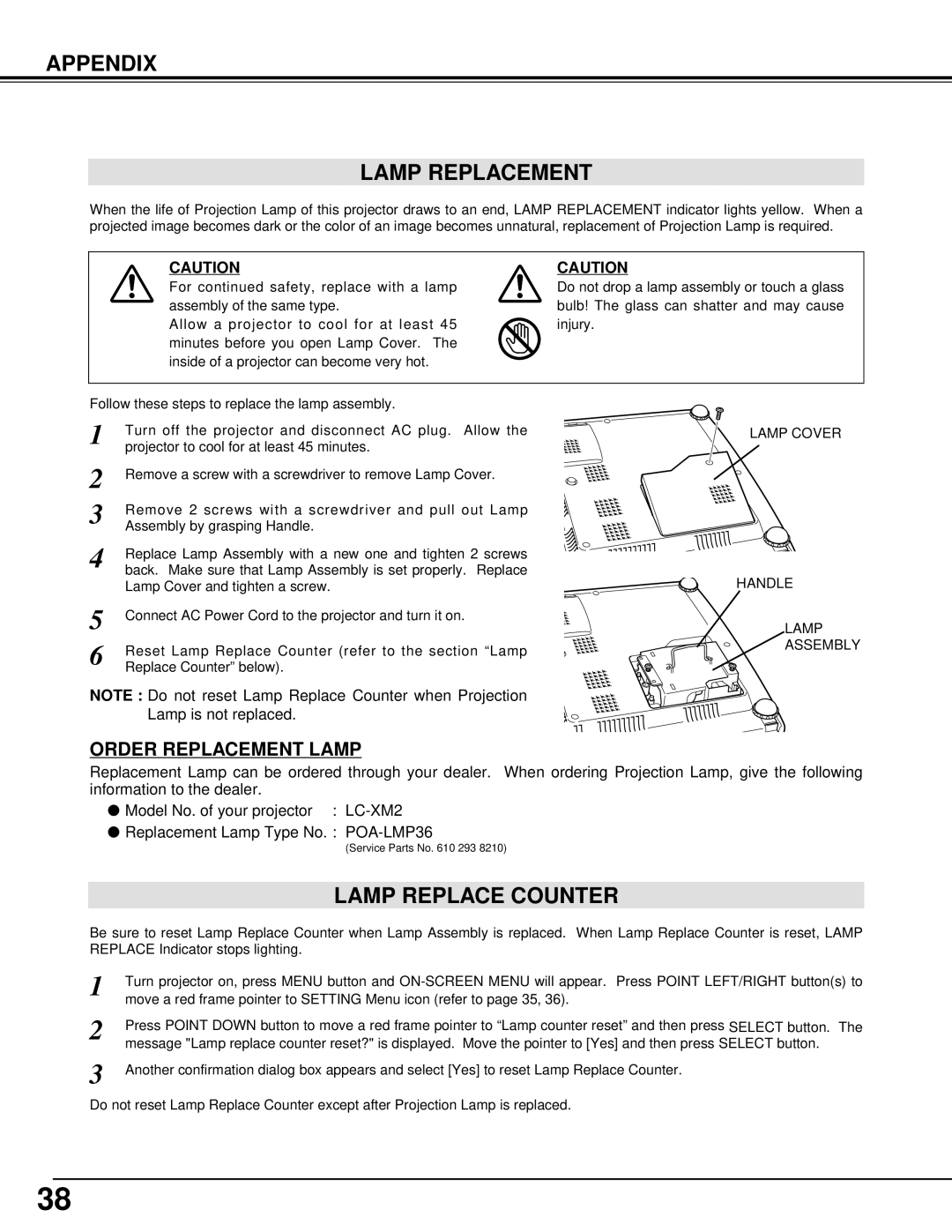 Eiki LC-XM2 owner manual Appendix Lamp Replacement, Lamp Replace Counter 