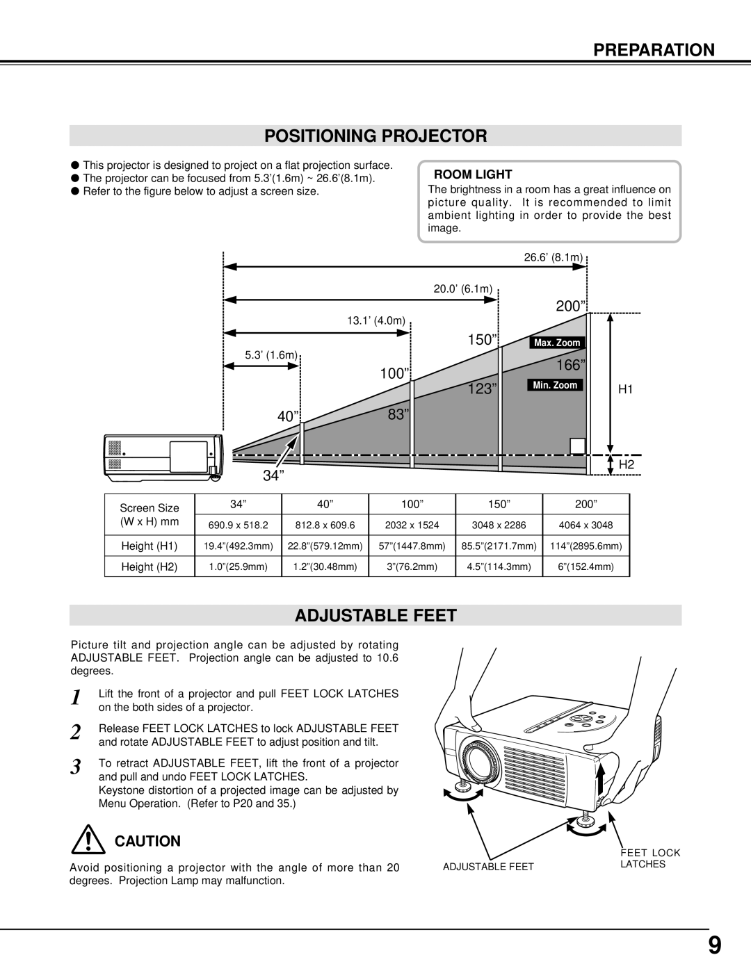 Eiki LC-XM2 owner manual Preparation Positioning Projector, Adjustable Feet, Room Light 