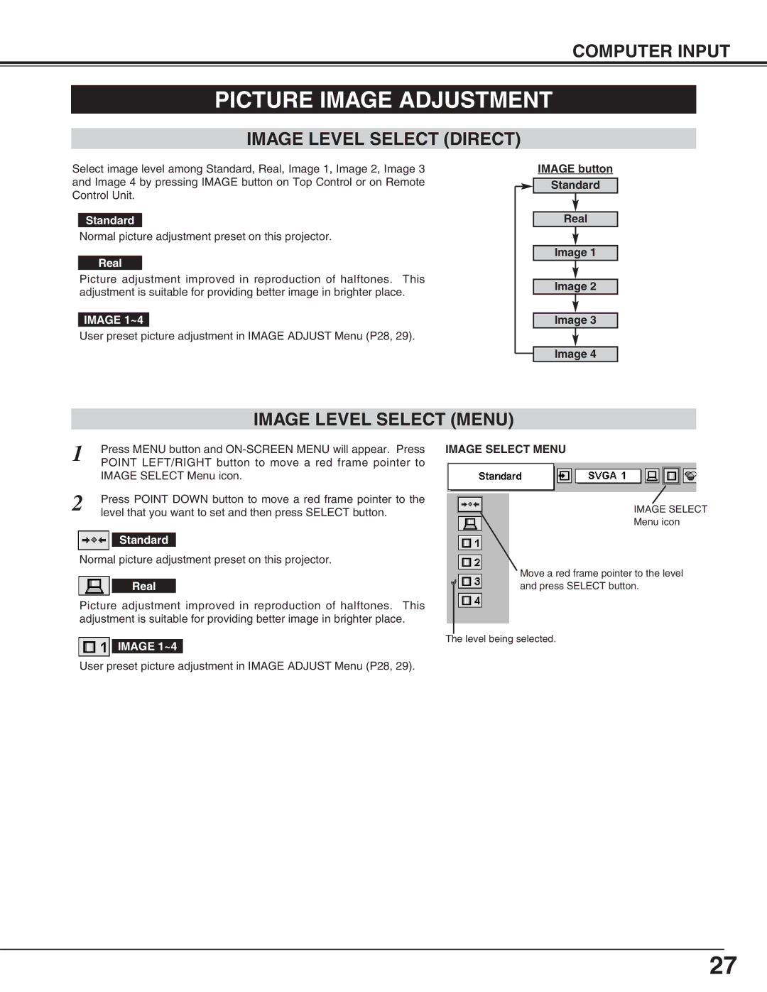 Eiki LC-XM4 owner manual Picture Image Adjustment, Image Level Select Direct, Image Level Select Menu, Image Select Menu 