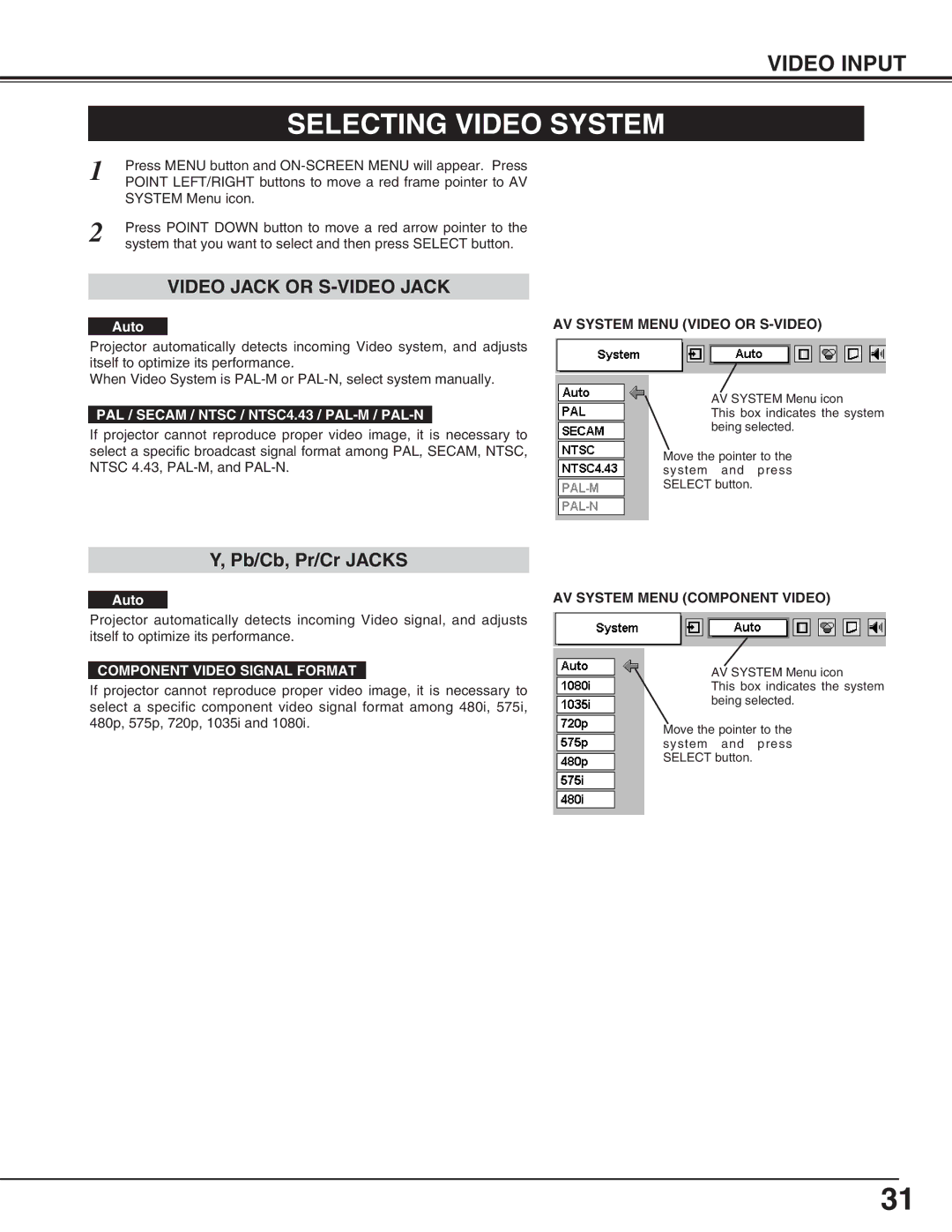 Eiki LC-XM4 owner manual Selecting Video System, Auto, AV System Menu Video or S-VIDEO, AV System Menu Component Video 