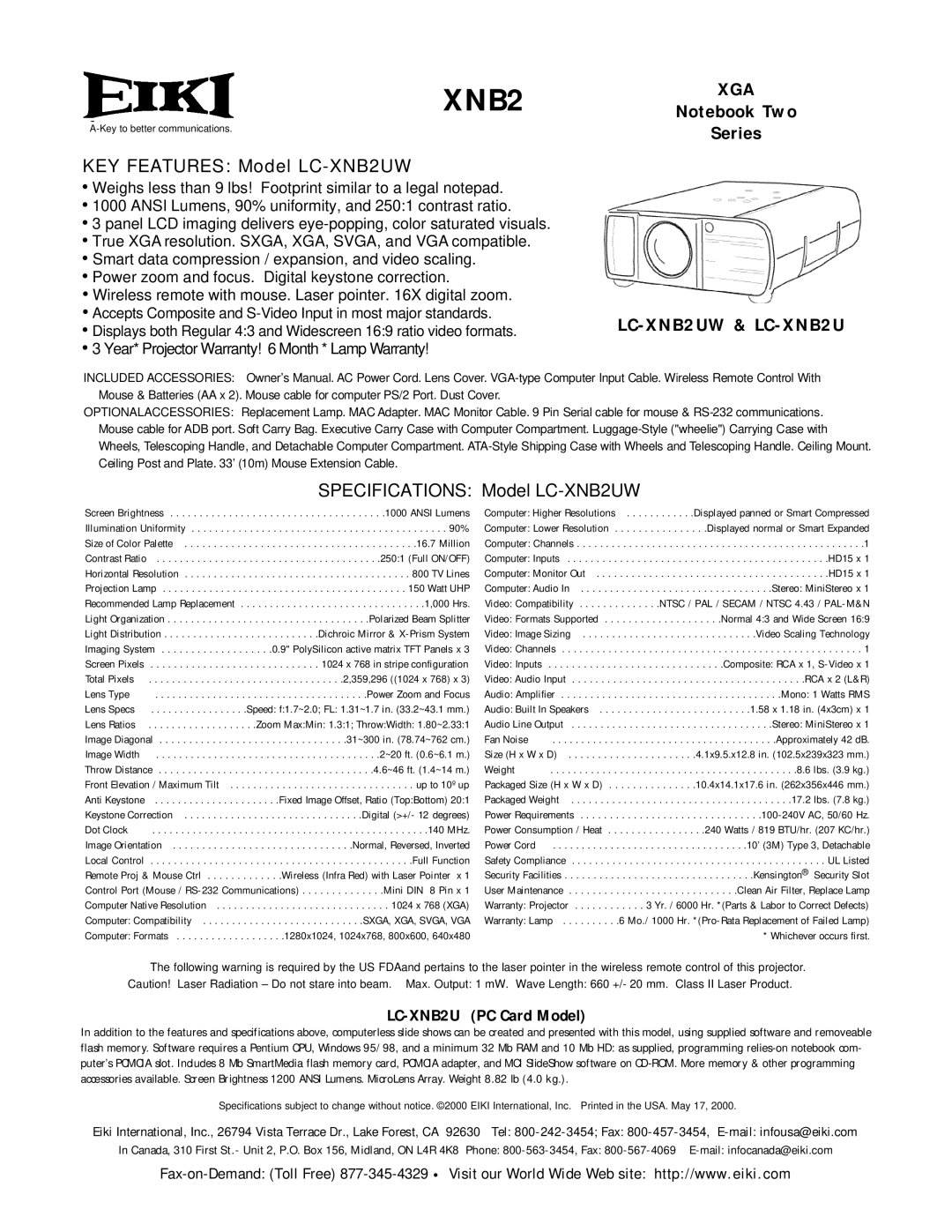 Eiki specifications Xga, LC-XNB2UW & LC-XNB2U 