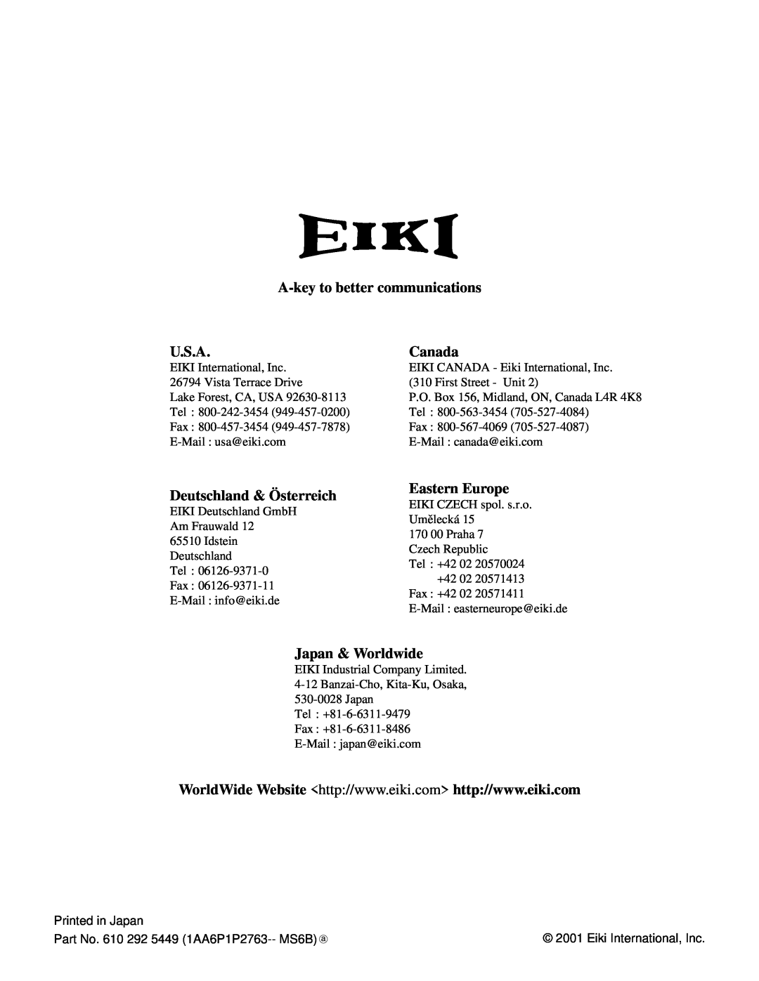 Eiki LC-XNB3 A-key to better communications, U.S.A, Canada, Deutschland & Österreich, Eastern Europe, Japan & Worldwide 