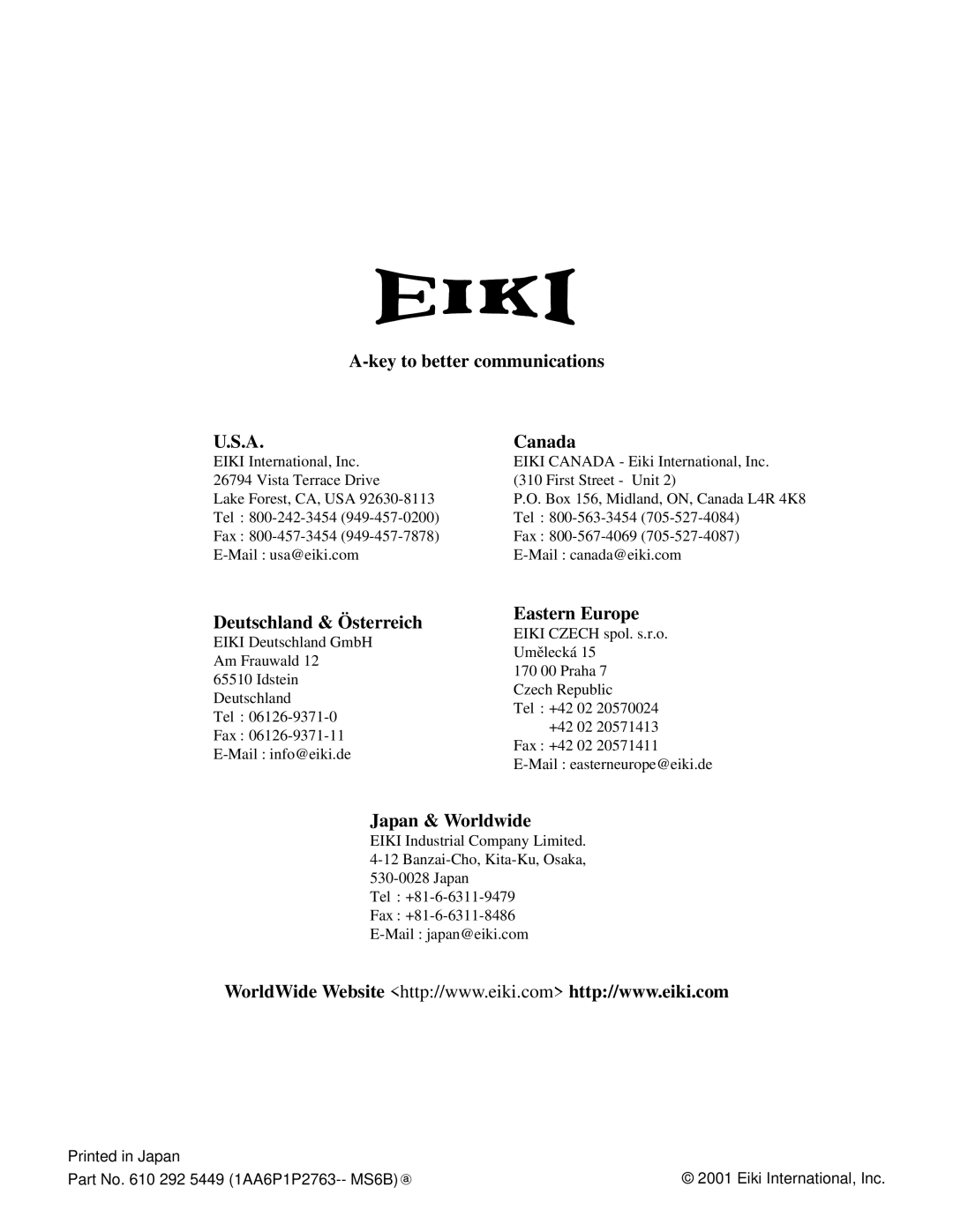 Eiki LC-XNB3W owner manual Key to better communications Canada 