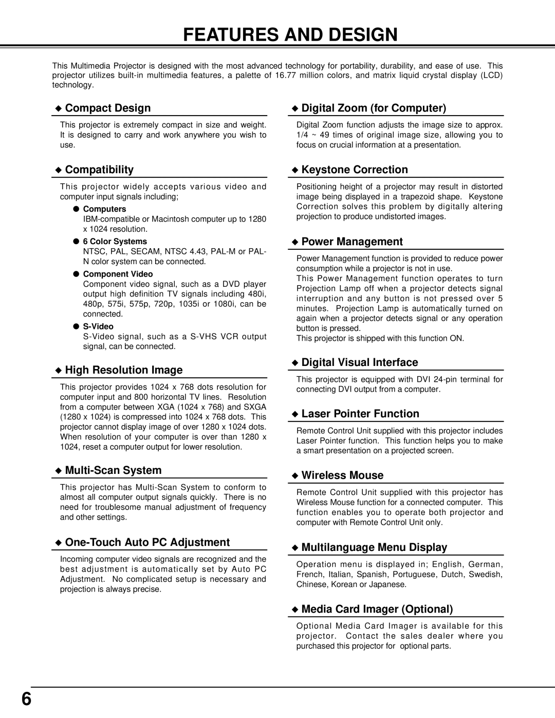 Eiki LC-XNB3W owner manual Features and Design, Compact Design Digital Zoom for Computer 