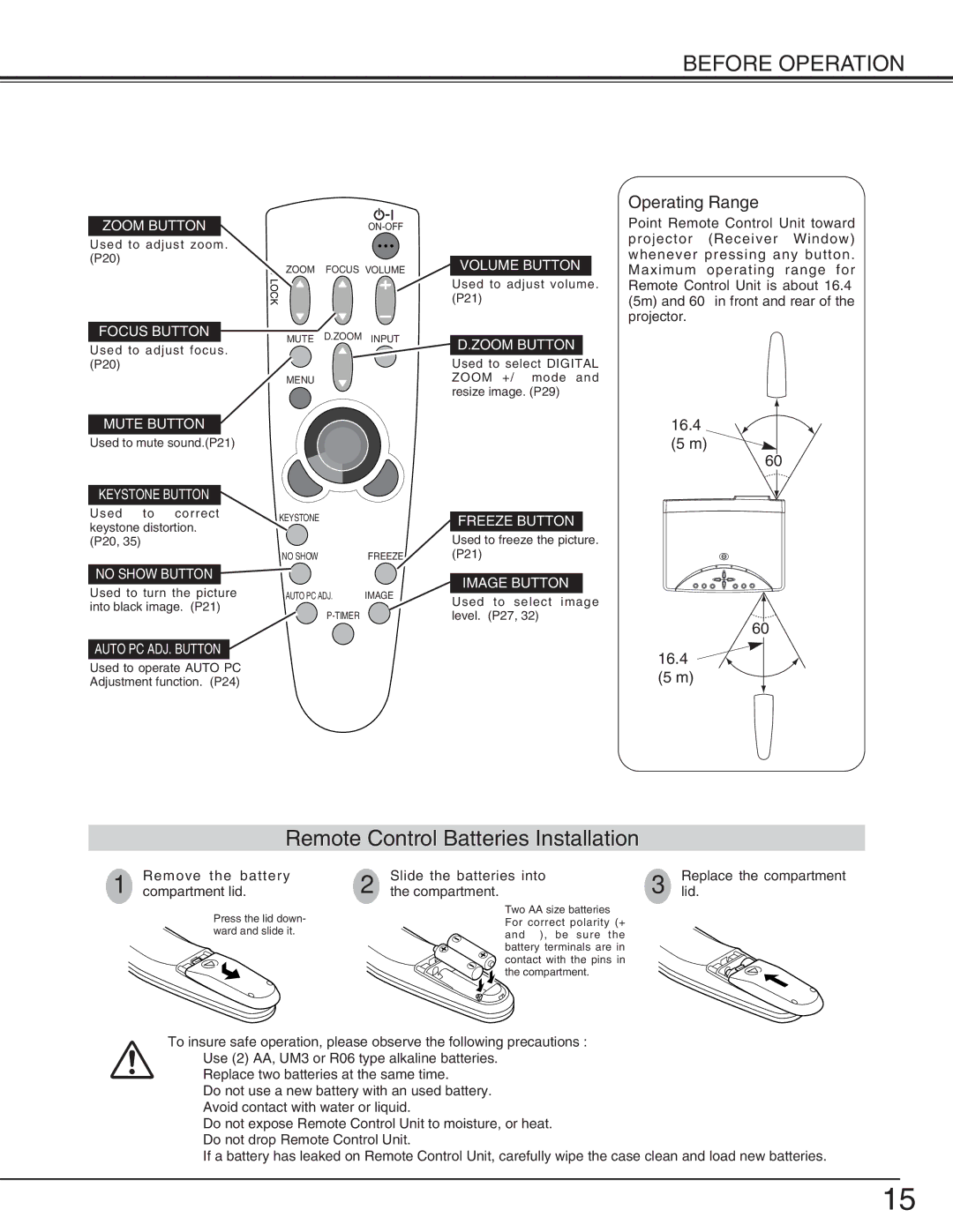 Eiki LC-XNB3S owner manual Remote Control Batteries Installation 