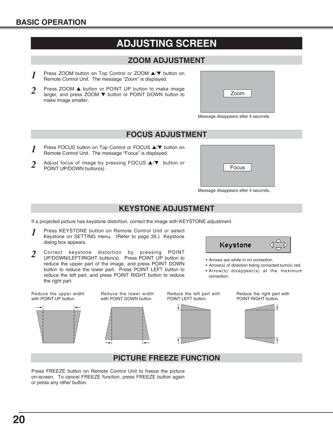 Eiki LC-XNB3S owner manual Adjusting Screen, Zoom Adjustment, Keystone Adjustment, Picture Freeze Function 