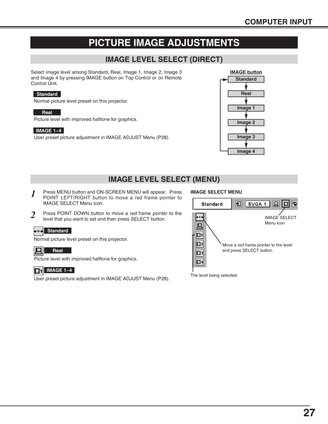 Eiki LC-XNB3S owner manual Picture Image Adjustments, Image Level Select Direct, Image Level Select Menu, Image Select Menu 