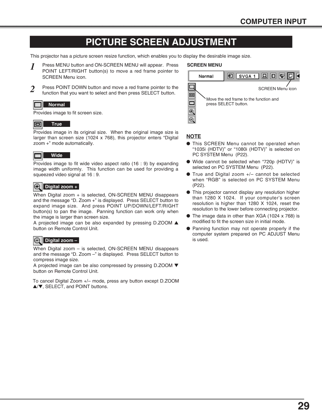 Eiki LC-XNB3S owner manual Picture Screen Adjustment, Screen Menu 