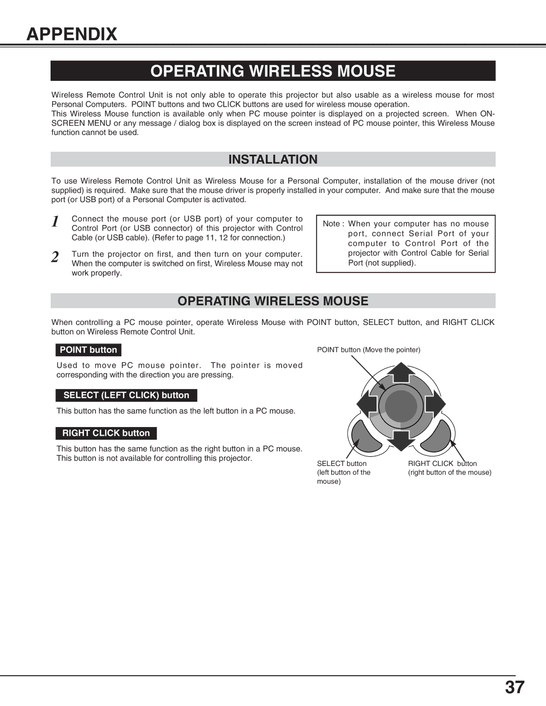 Eiki LC-XNB3S owner manual Appendix, Operating Wireless Mouse, Installation 