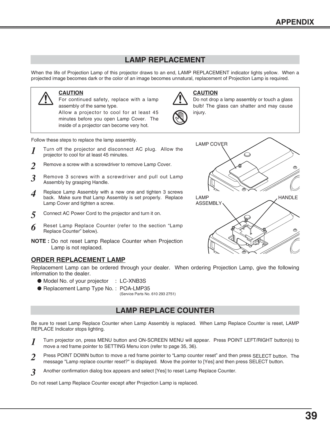 Eiki LC-XNB3S owner manual Appendix Lamp Replacement, Lamp Replace Counter 