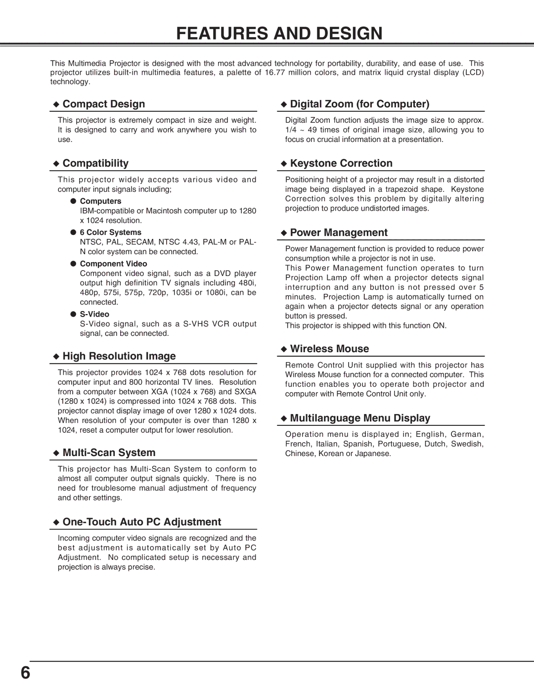 Eiki LC-XNB3S owner manual Features and Design, Compact Design Digital Zoom for Computer 