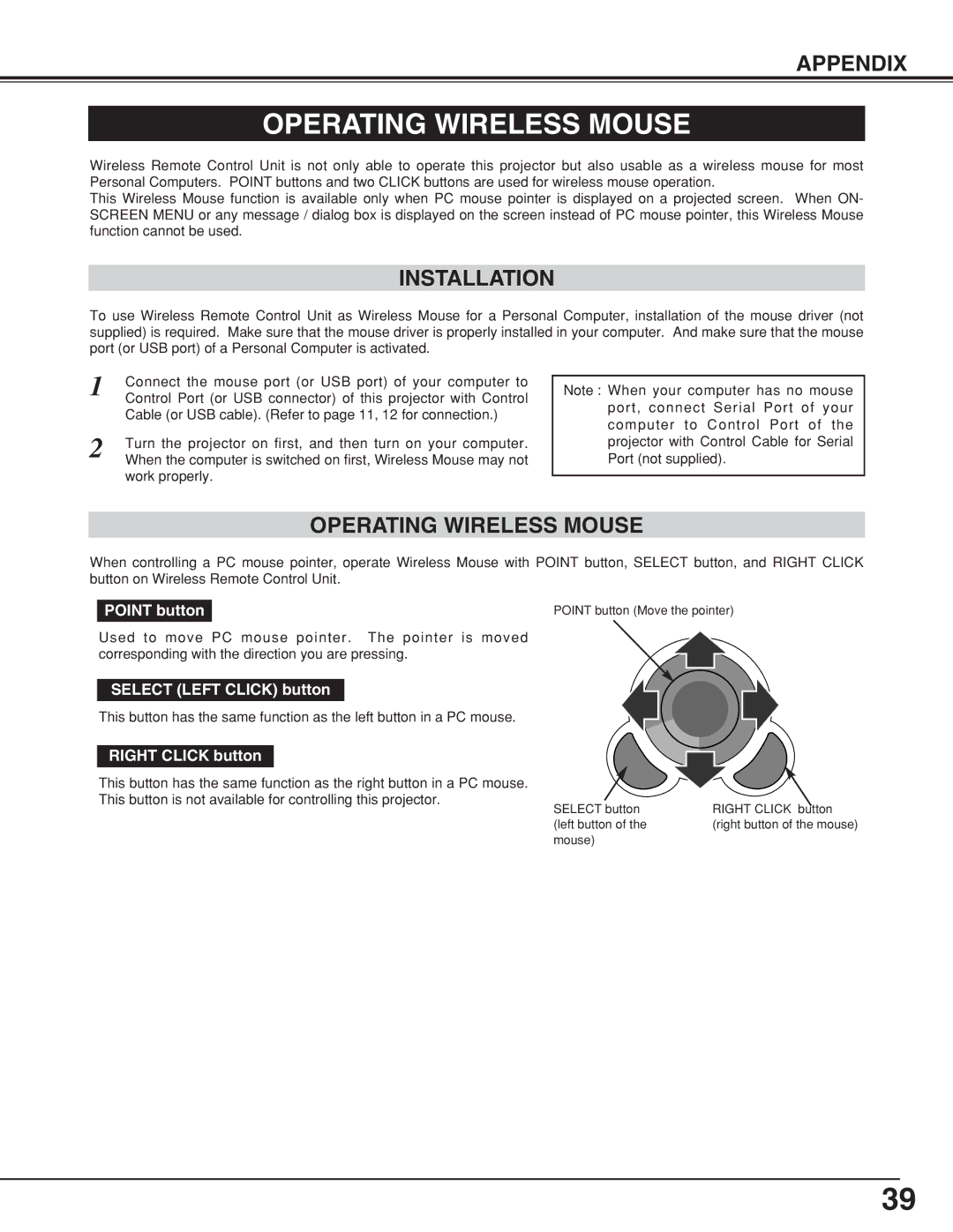 Eiki LC-XNB4M owner manual Operating Wireless Mouse, Installation 