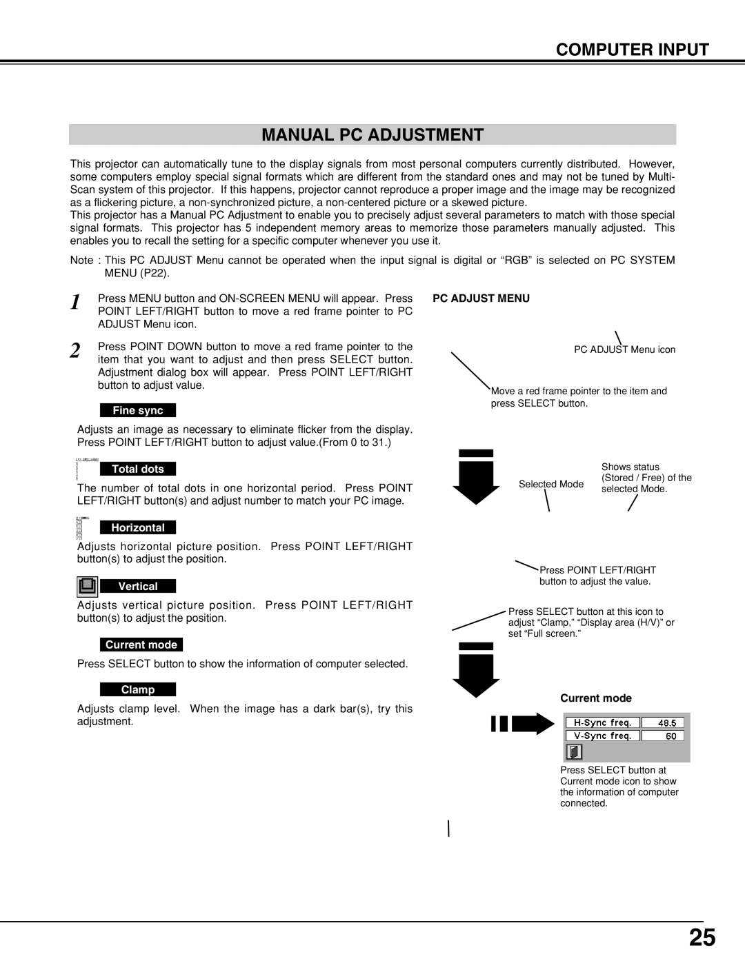 Eiki LC-XNB4S, LC-XNB4MS owner manual Computer Input Manual PC Adjustment 