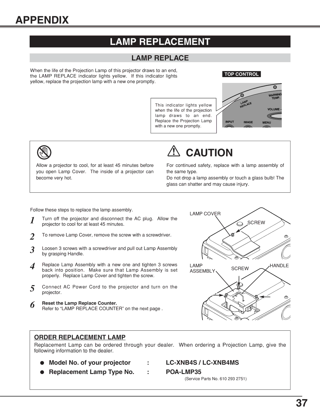 Eiki LC-XNB4S, LC-XNB4MS owner manual Appendix, Lamp Replacement 