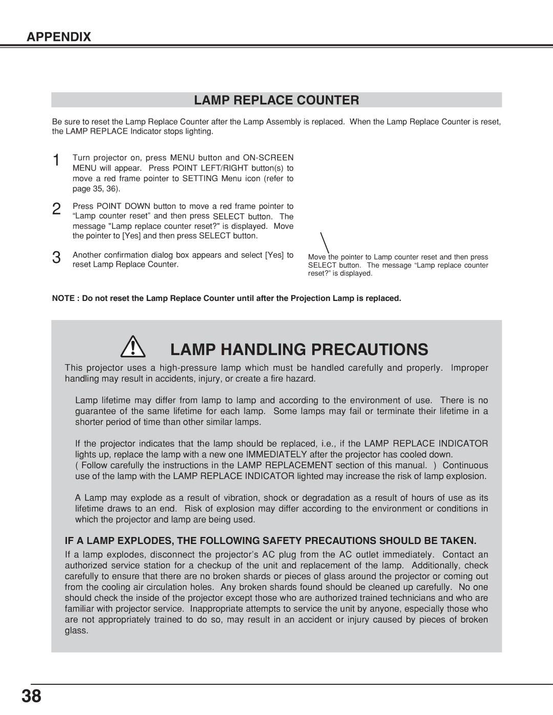 Eiki LC-XNB4MS, LC-XNB4S owner manual Lamp Handling Precautions, Appendix Lamp Replace Counter 