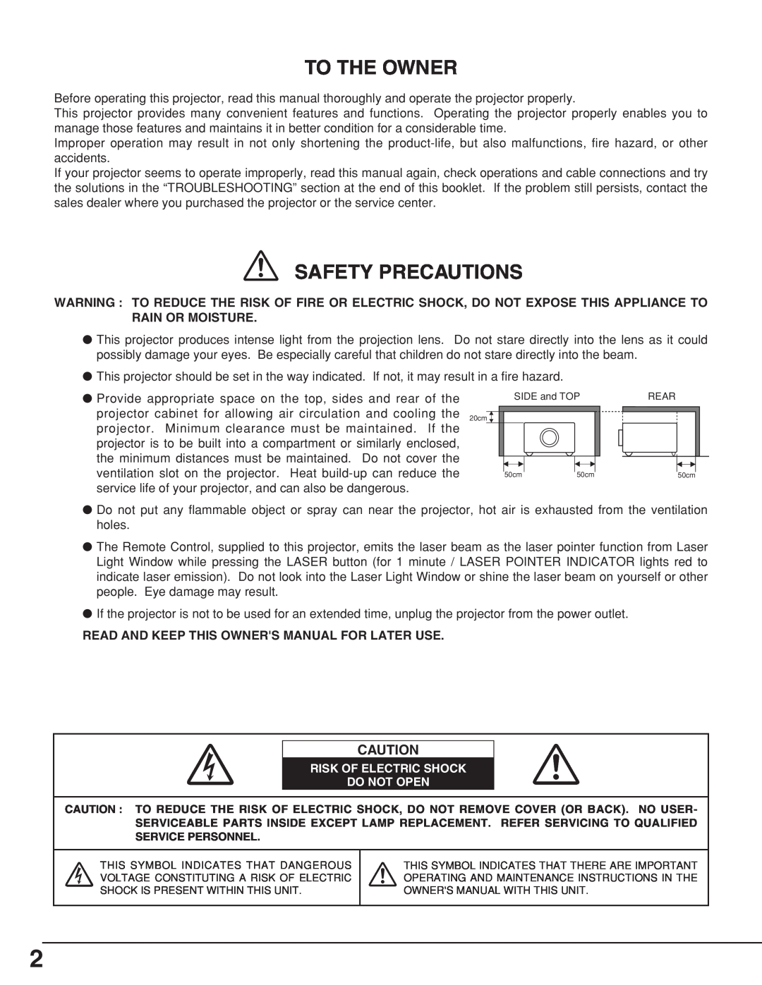 Eiki LC-XNB5M owner manual To The Owner, Safety Precautions, Read And Keep This Owners Manual For Later Use 
