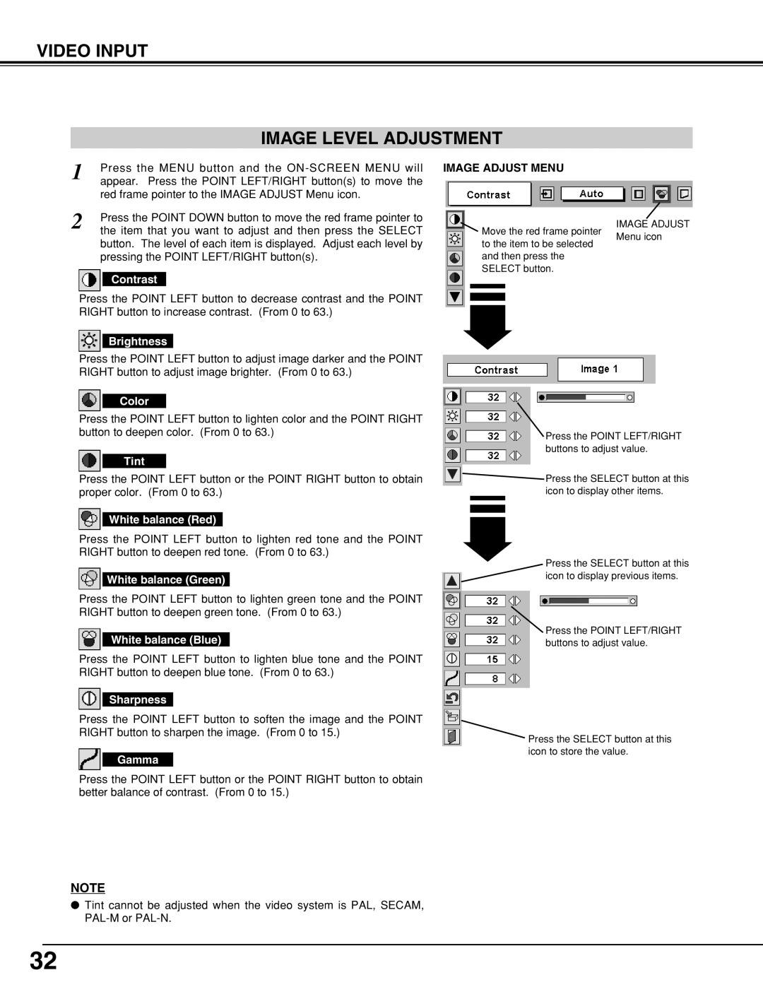 Eiki LC-XNB5M owner manual Video Input Image Level Adjustment, Image Adjust Menu 