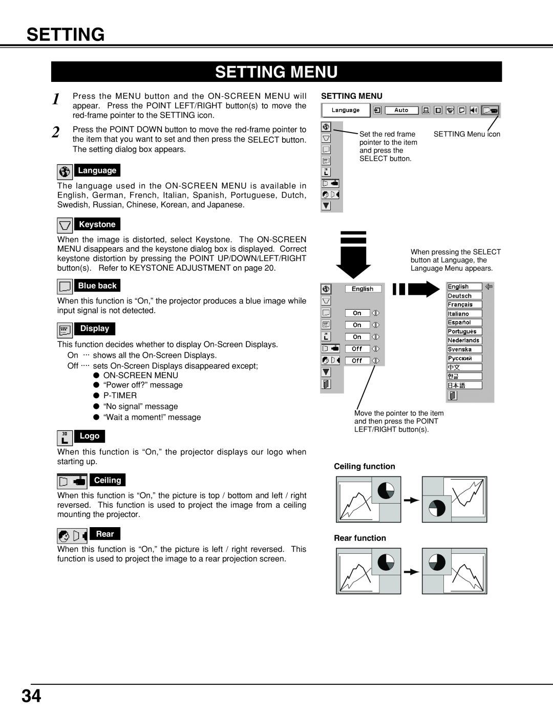 Eiki LC-XNB5M owner manual Setting Menu, Ceiling function Rear function 