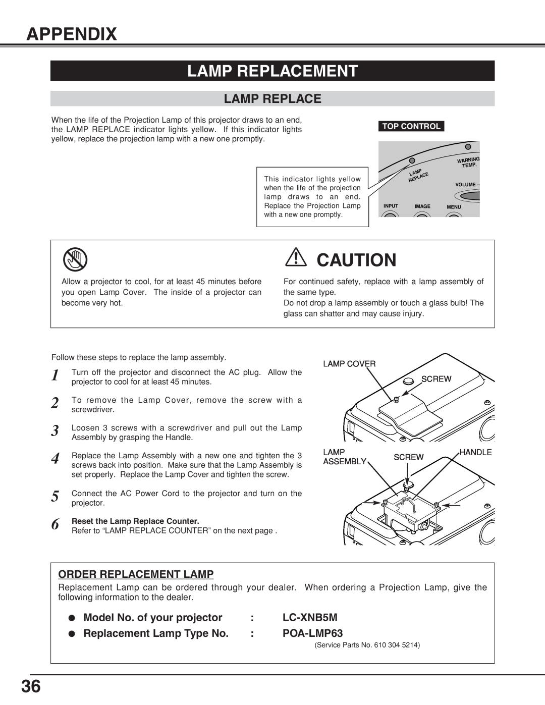 Eiki LC-XNB5M owner manual Appendix, Lamp Replacement, Reset the Lamp Replace Counter 