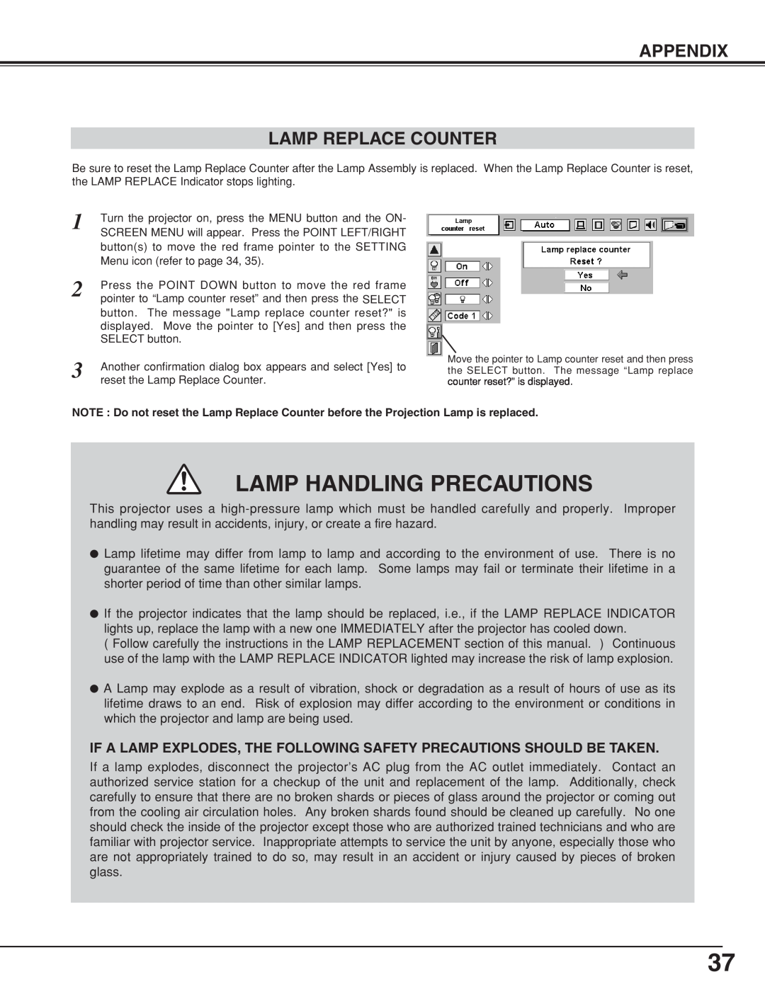 Eiki LC-XNB5M owner manual Appendix Lamp Replace Counter, Lamp Handling Precautions 