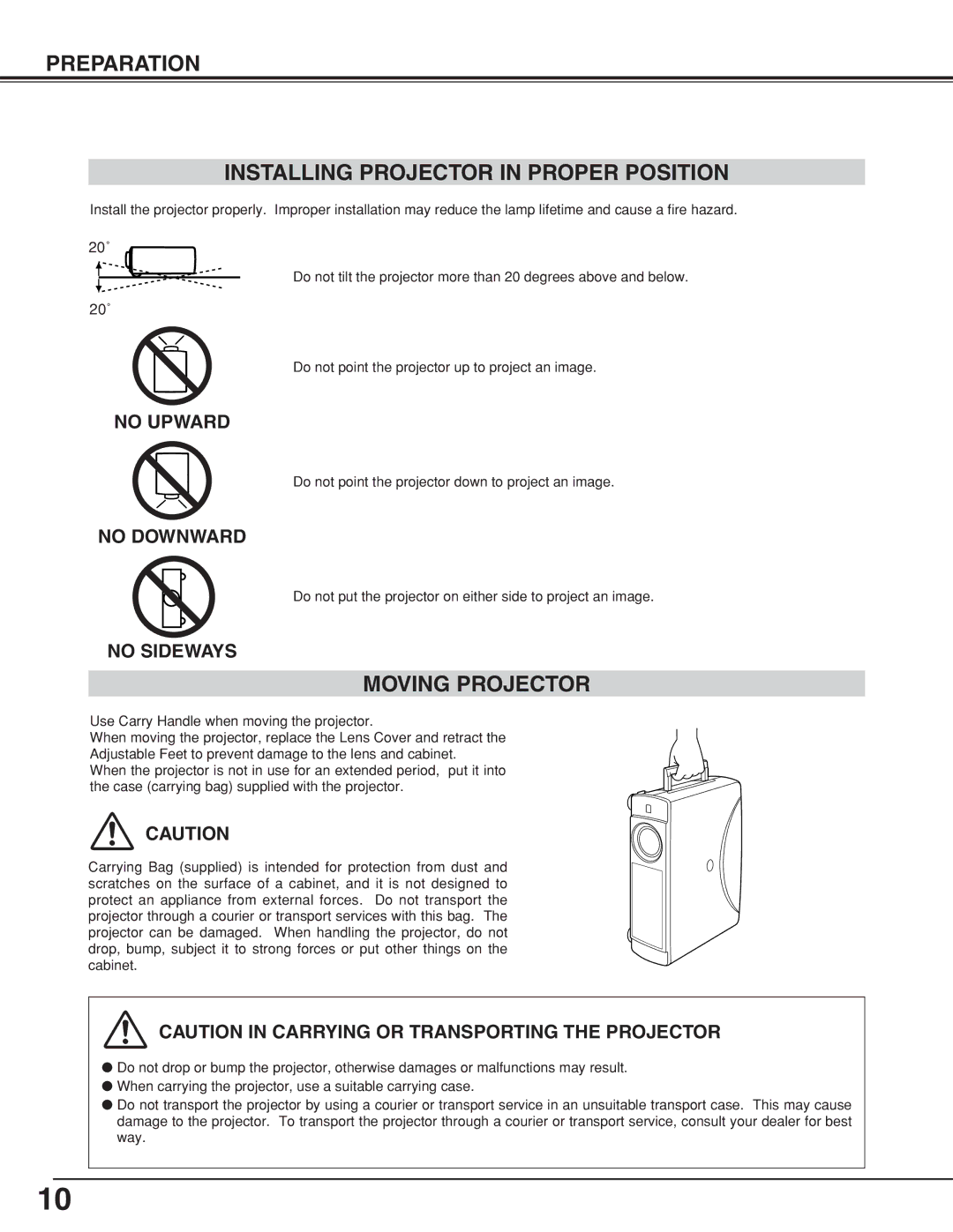 Eiki LC-XNB5M owner manual Preparation Installing Projector in Proper Position, Moving Projector 