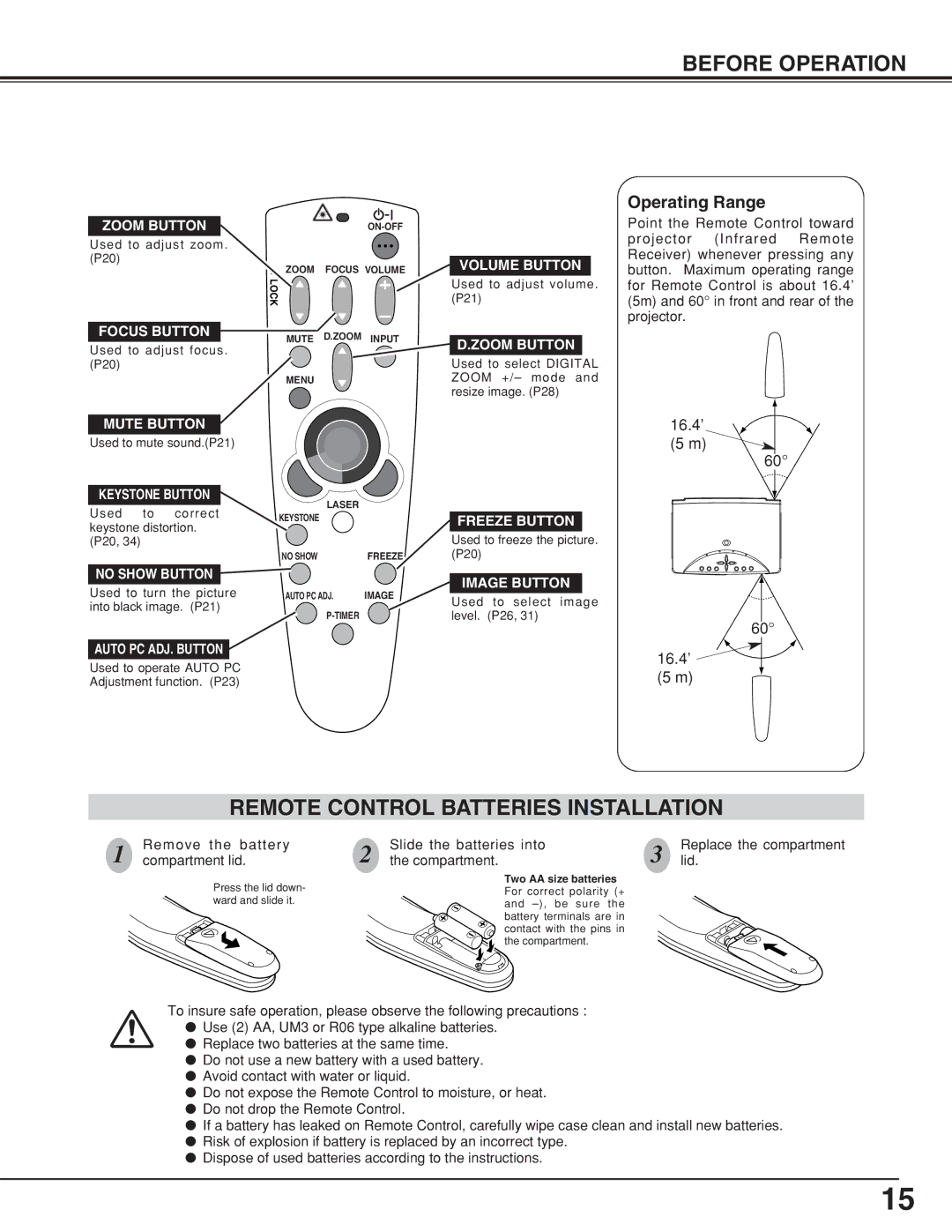 Eiki LC-XNB5M owner manual Remote Control Batteries Installation 